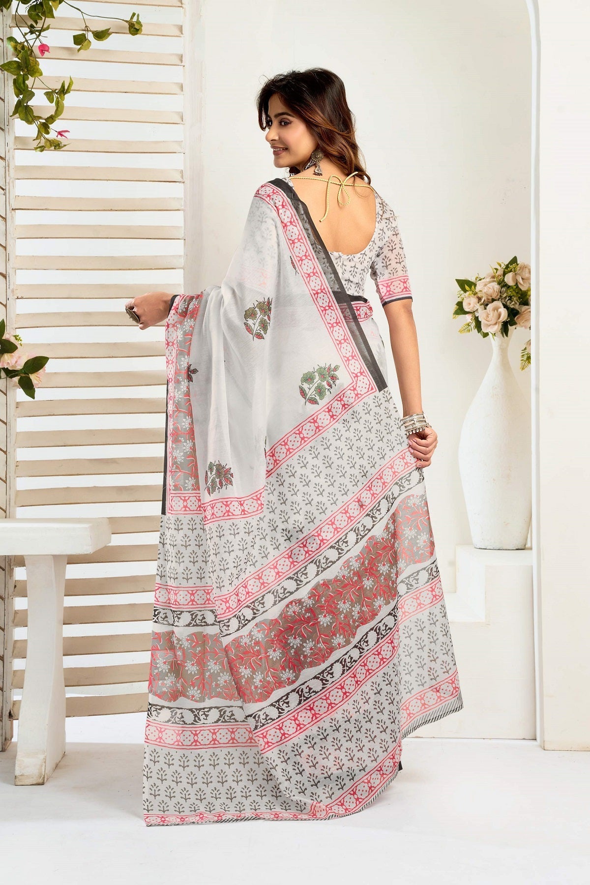 Dwija Fashion White Party Wear Printed Linen Ready To Wear Saree With Unstitched Blouse