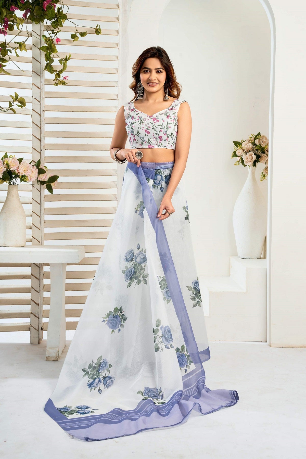 Dwija Fashion White Party Wear Printed Linen Ready To Wear Saree With Unstitched Blouse