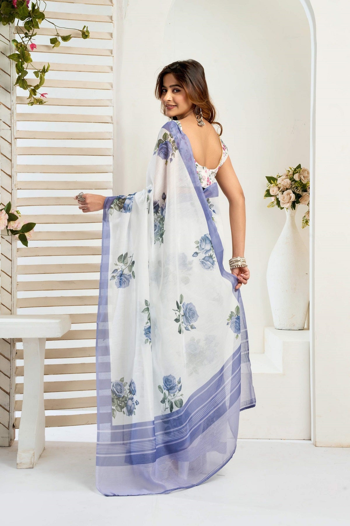 Dwija Fashion White Party Wear Printed Linen Ready To Wear Saree With Unstitched Blouse