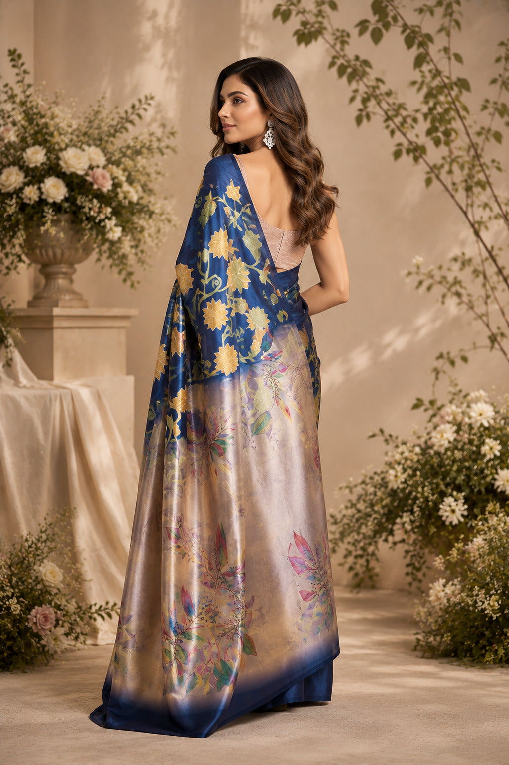 Dwija Fashion Navy Blue Party Wear Printed Linen Ready To Wear Saree With Unstitched Blouse