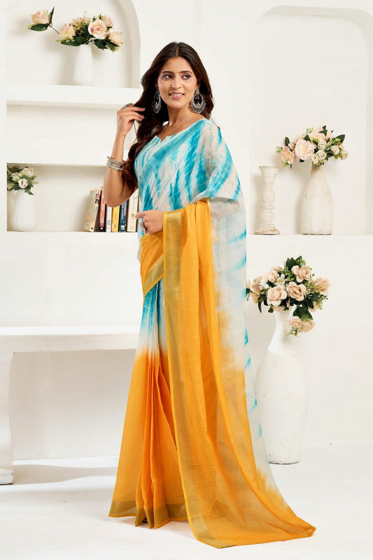 Dwija Fashion Yellow Party Wear Printed Linen Ready To Wear Saree With Unstitched Blouse