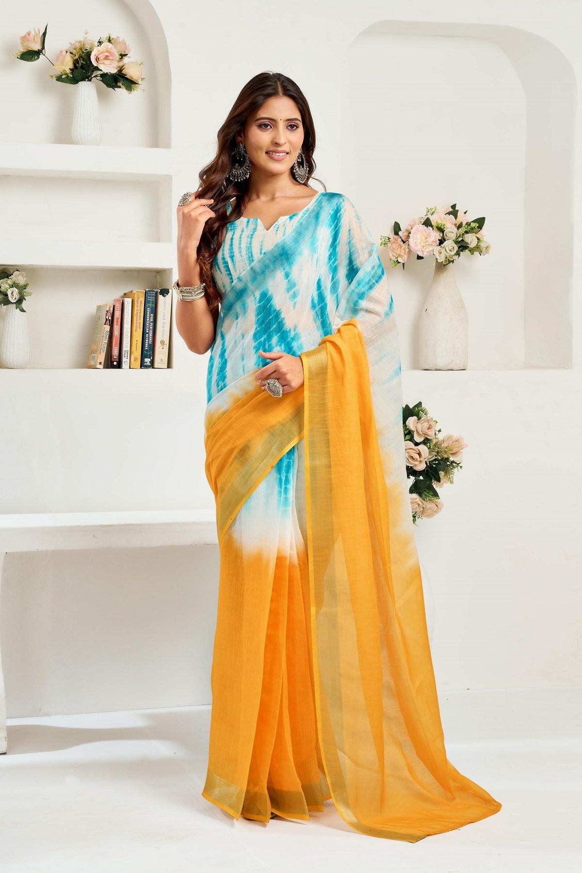 Dwija Fashion Yellow Party Wear Printed Linen Ready To Wear Saree With Unstitched Blouse