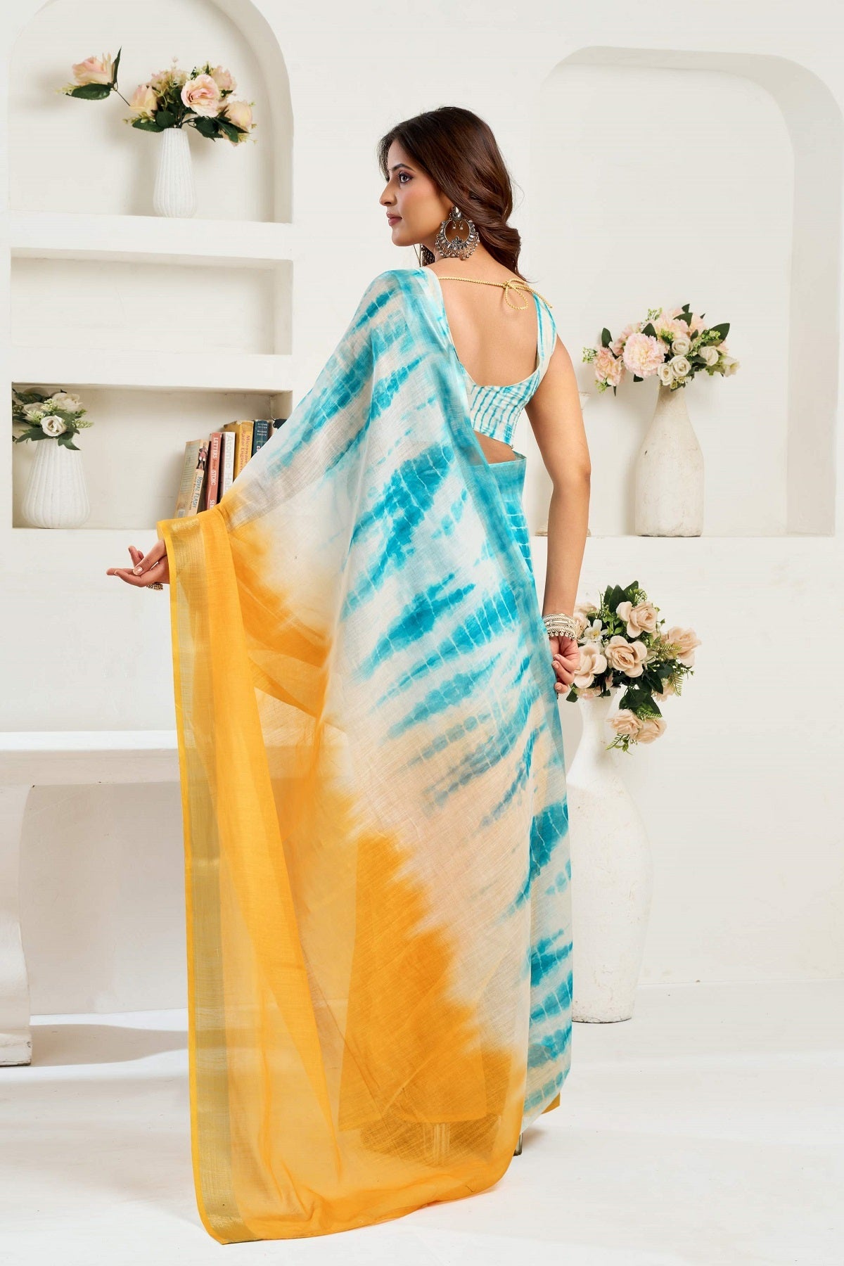Dwija Fashion Yellow Party Wear Printed Linen Ready To Wear Saree With Unstitched Blouse
