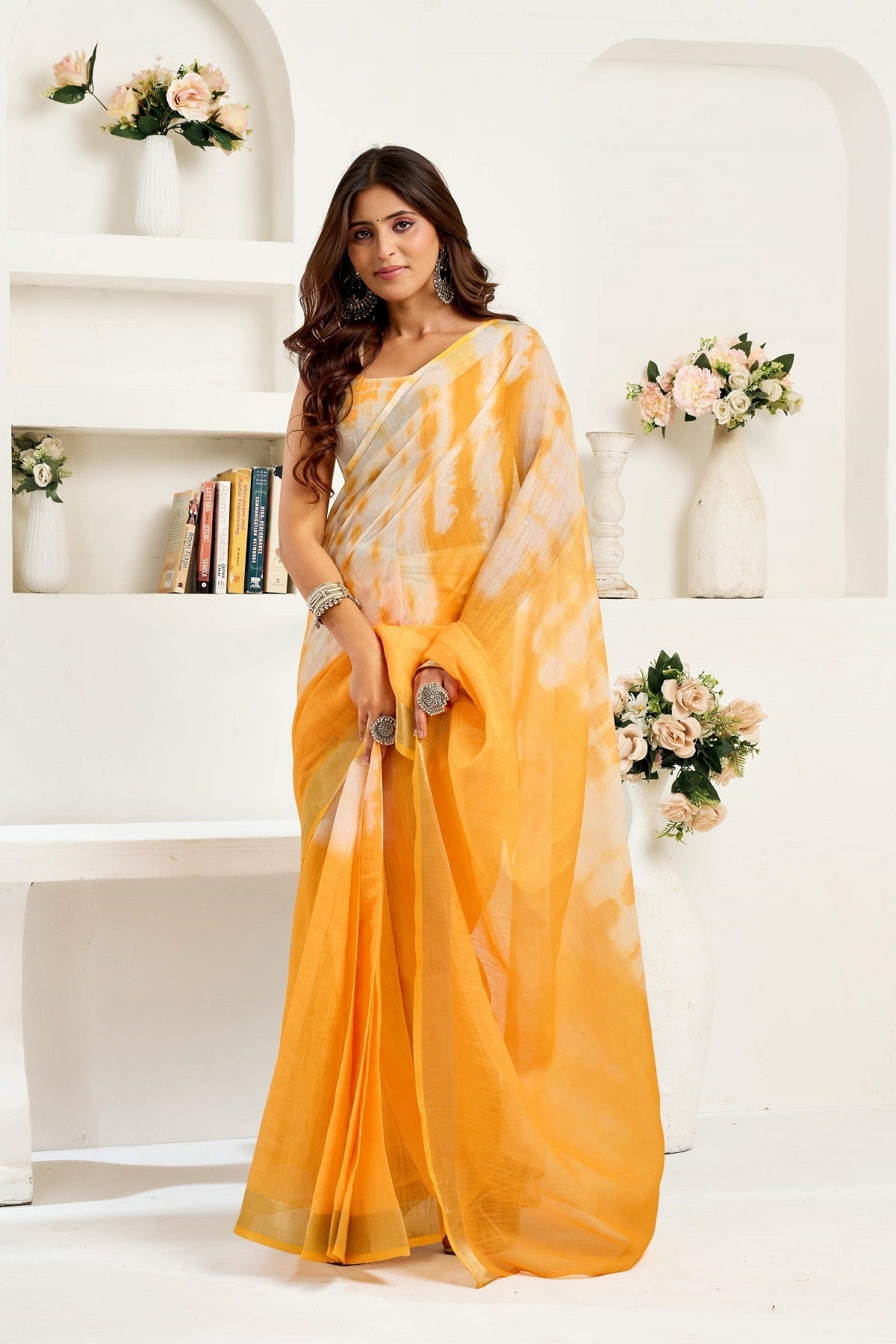 Dwija Fashion Yellow Party Wear Printed Linen Ready To Wear Saree With Unstitched Blouse