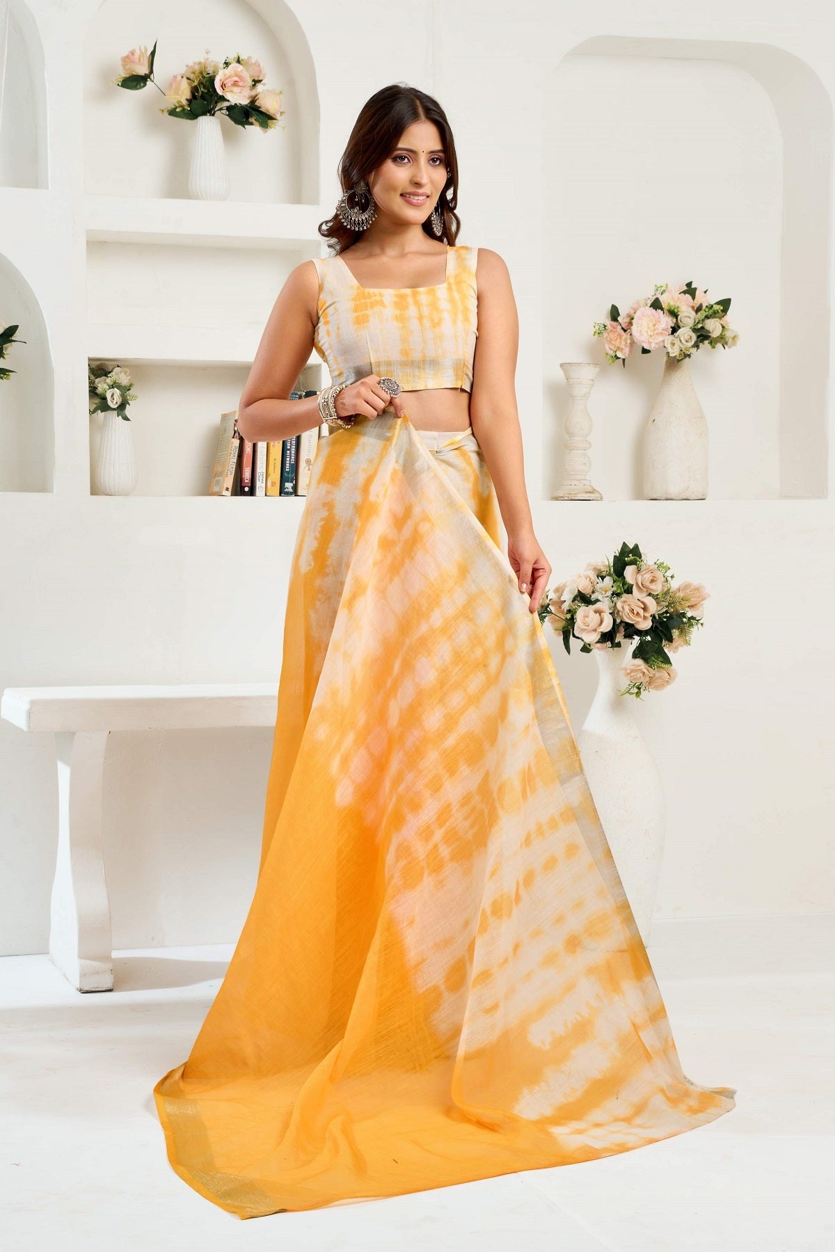 Dwija Fashion Yellow Party Wear Printed Linen Ready To Wear Saree With Unstitched Blouse