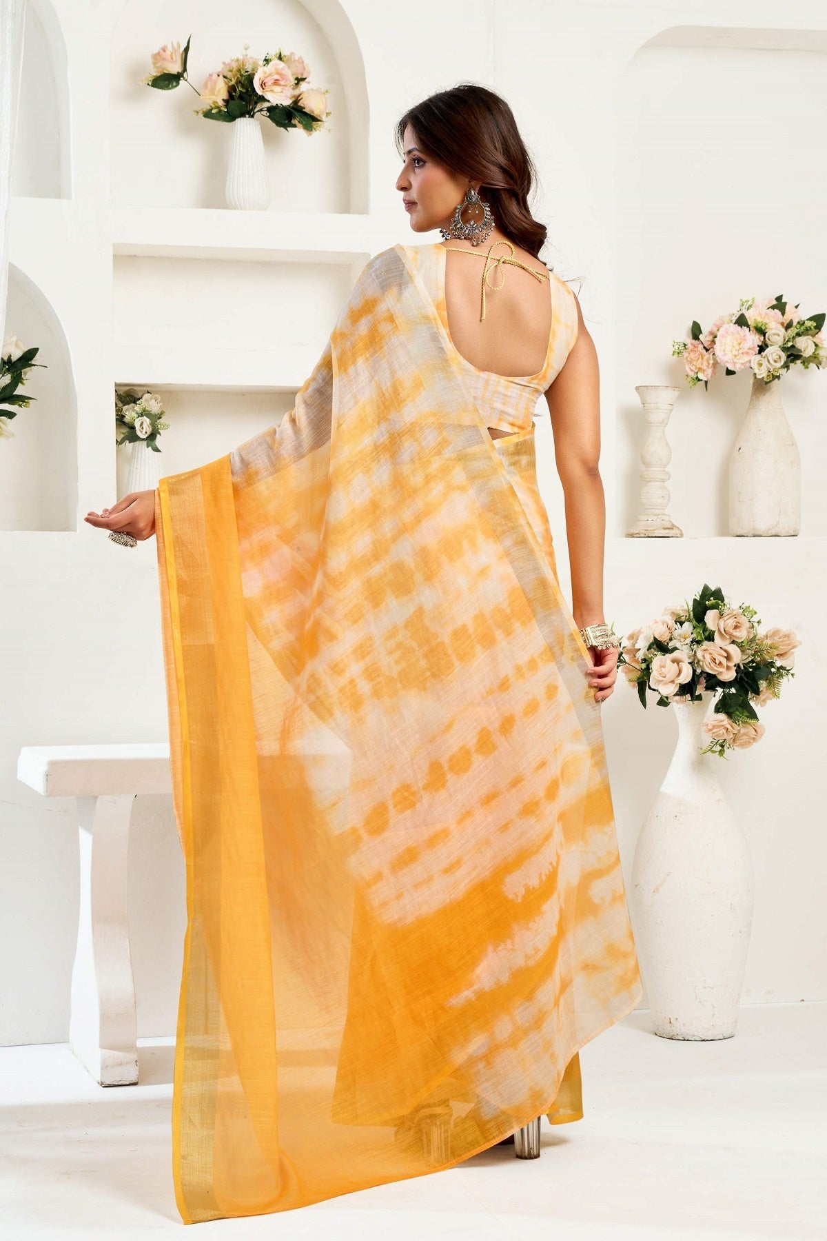 Dwija Fashion Yellow Party Wear Printed Linen Ready To Wear Saree With Unstitched Blouse