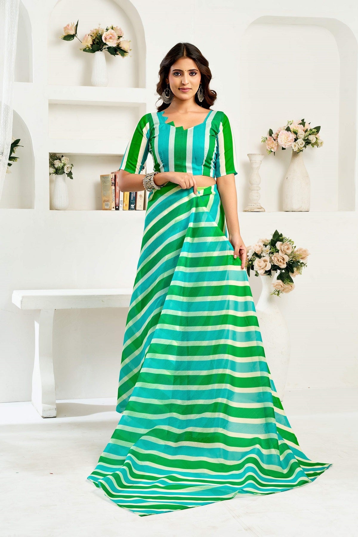 Dwija Fashion Multicolor Party Wear Printed Linen Ready To Wear Saree With Unstitched Blouse