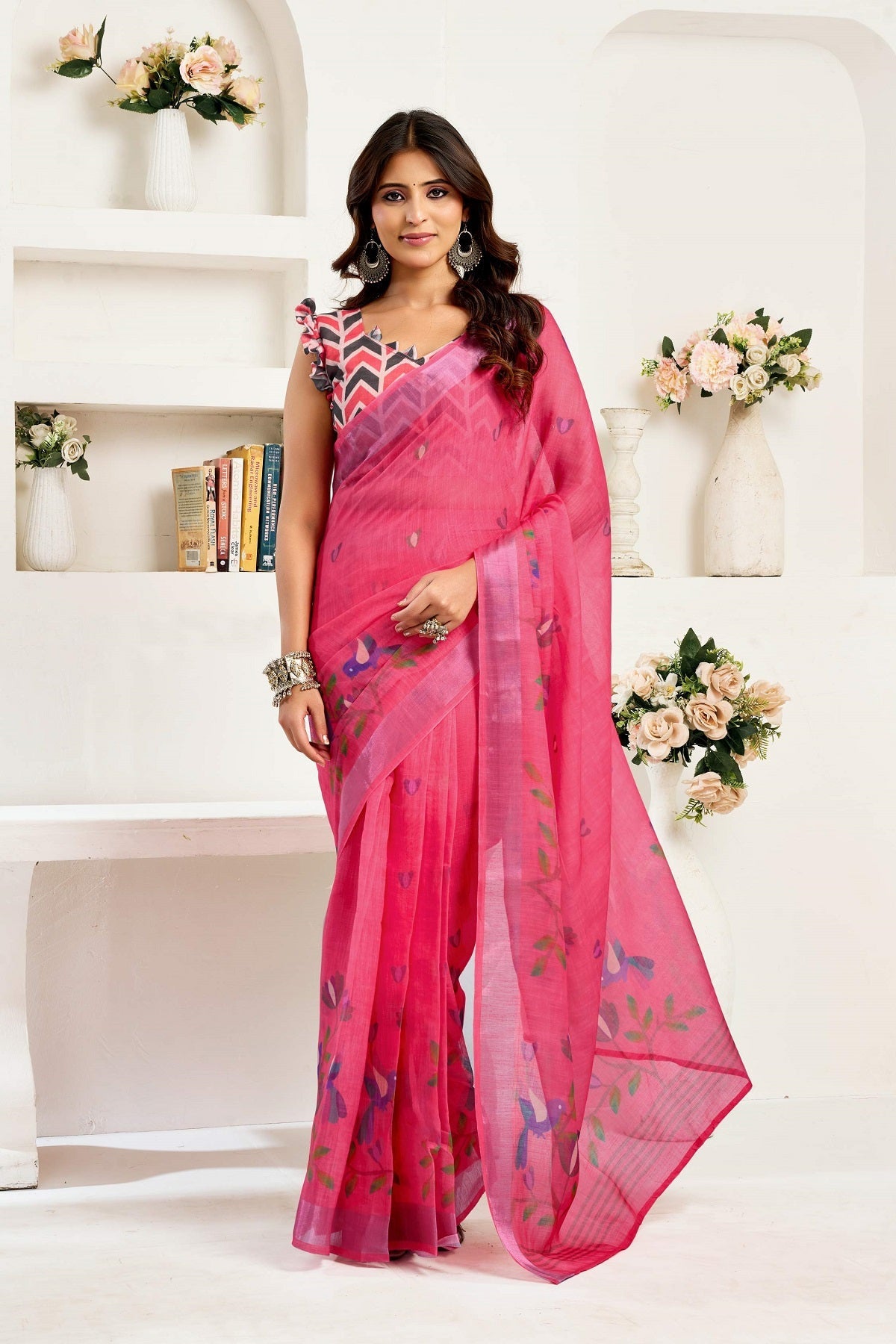 Dwija Fashion Pink Party Wear Printed Linen Ready To Wear Saree With Unstitched Blouse
