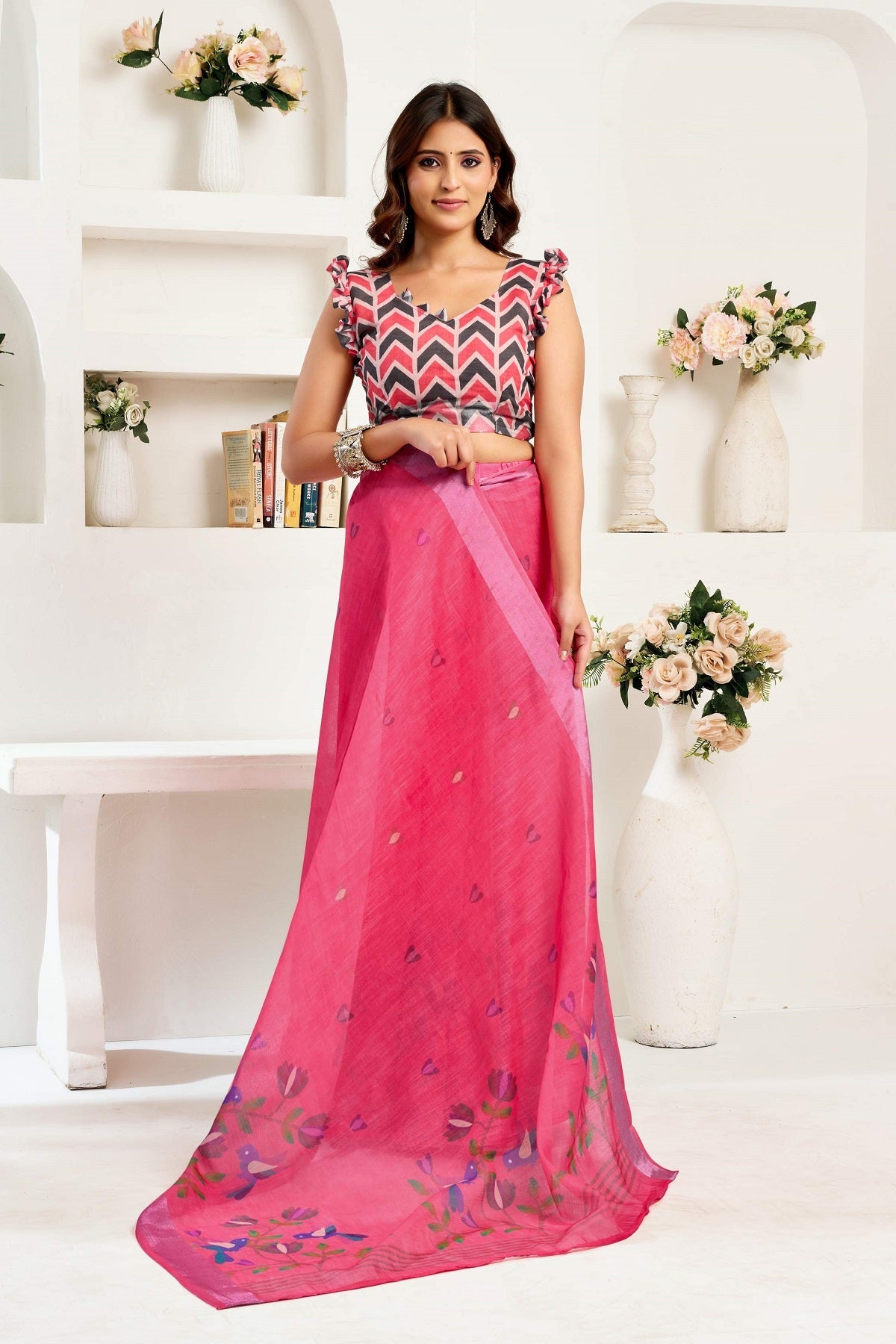 Dwija Fashion Pink Party Wear Printed Linen Ready To Wear Saree With Unstitched Blouse