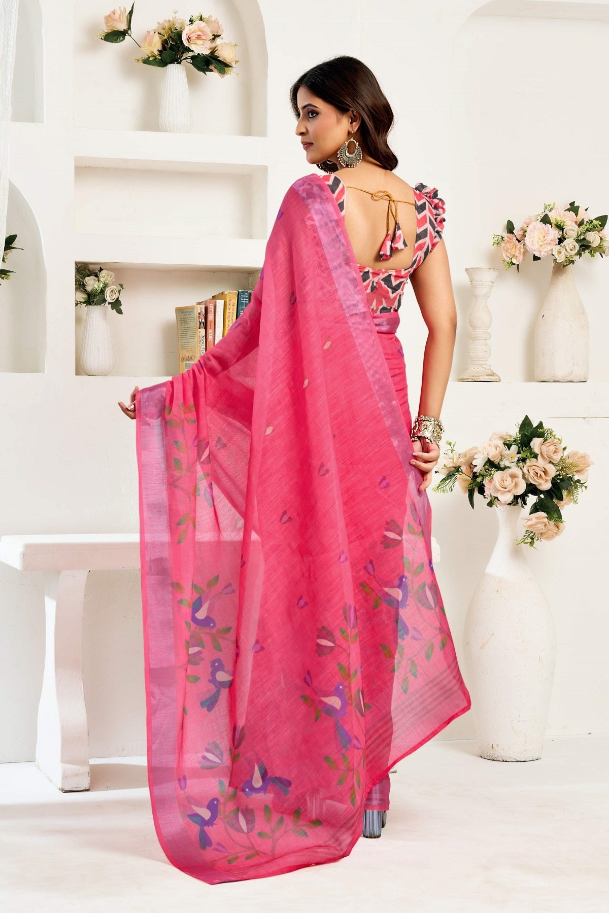Dwija Fashion Pink Party Wear Printed Linen Ready To Wear Saree With Unstitched Blouse