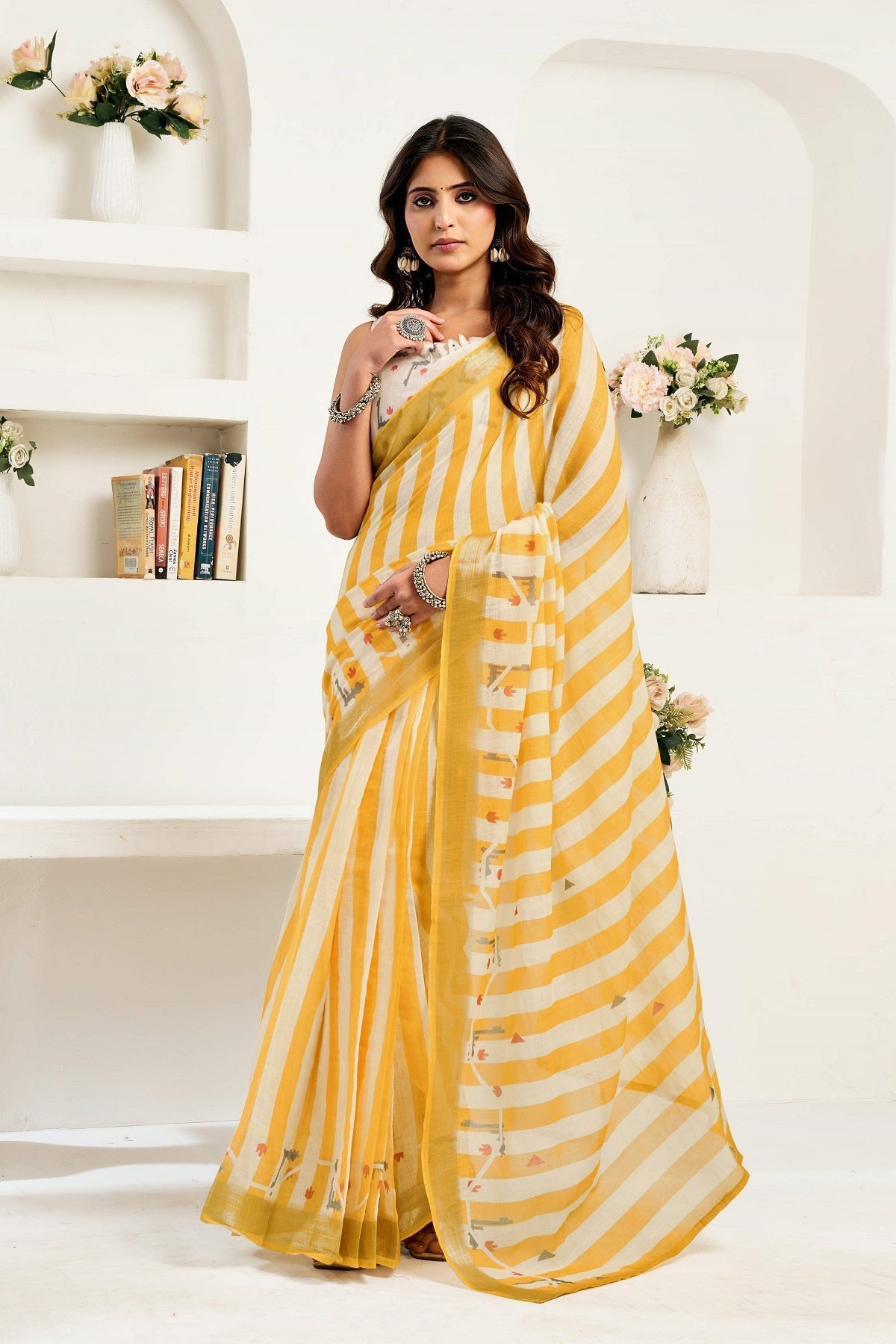 Dwija Fashion Yellow Party Wear Printed Linen Ready To Wear Saree With Unstitched Blouse