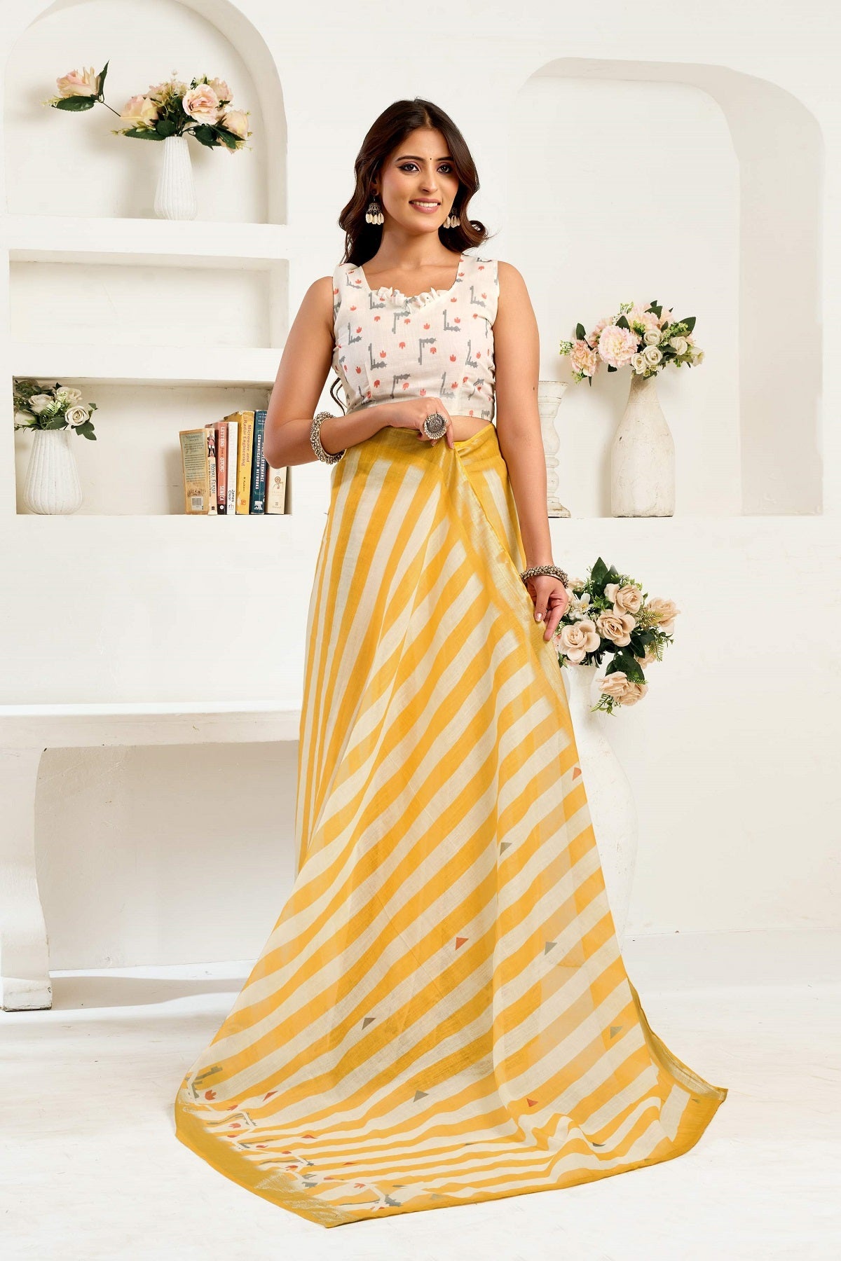 Dwija Fashion Yellow Party Wear Printed Linen Ready To Wear Saree With Unstitched Blouse