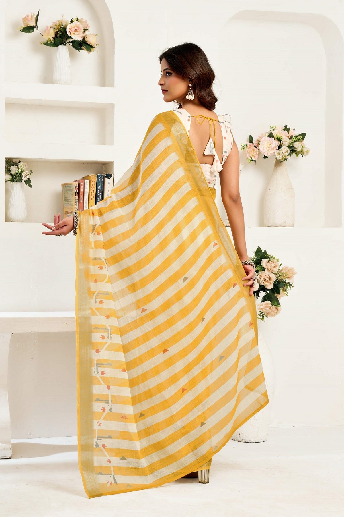 Dwija Fashion Yellow Party Wear Printed Linen Ready To Wear Saree With Unstitched Blouse