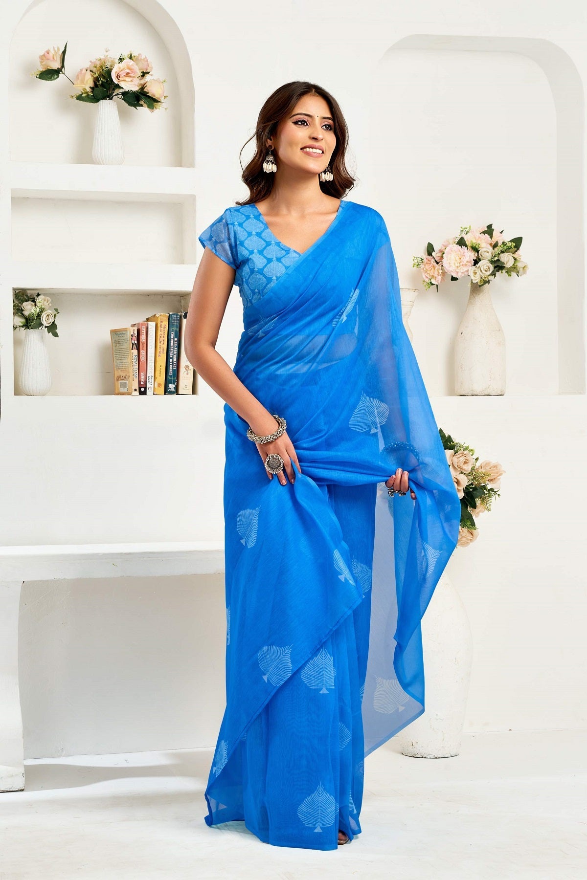 Dwija Fashion Blue Party Wear Printed Linen Ready To Wear Saree With Unstitched Blouse