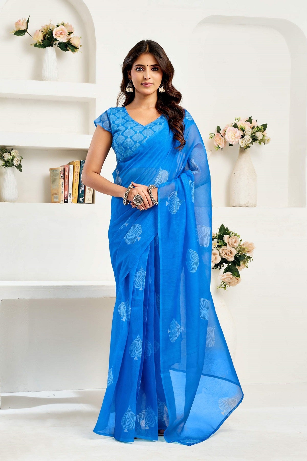 Dwija Fashion Blue Party Wear Printed Linen Ready To Wear Saree With Unstitched Blouse