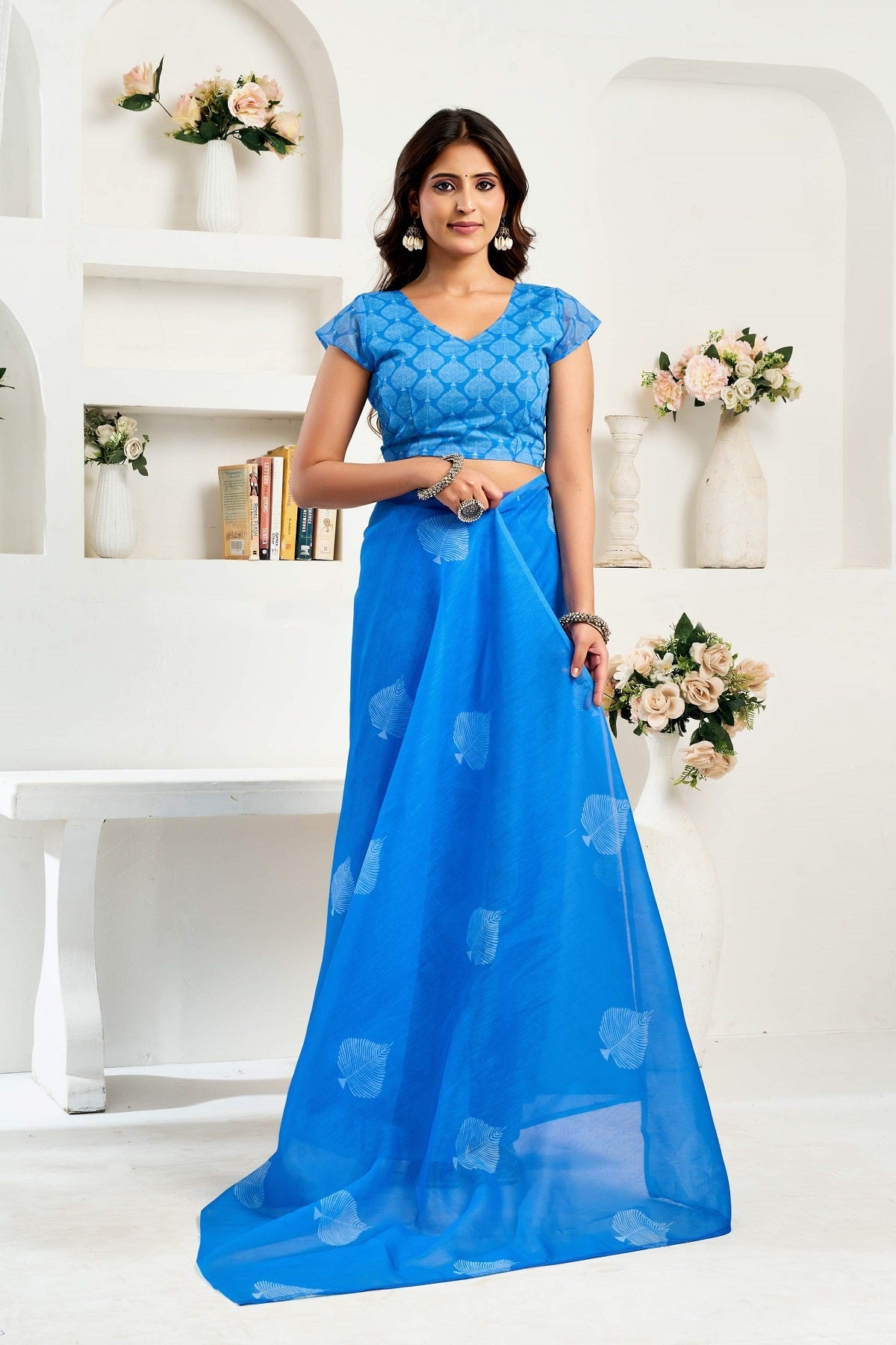 Dwija Fashion Blue Party Wear Printed Linen Ready To Wear Saree With Unstitched Blouse