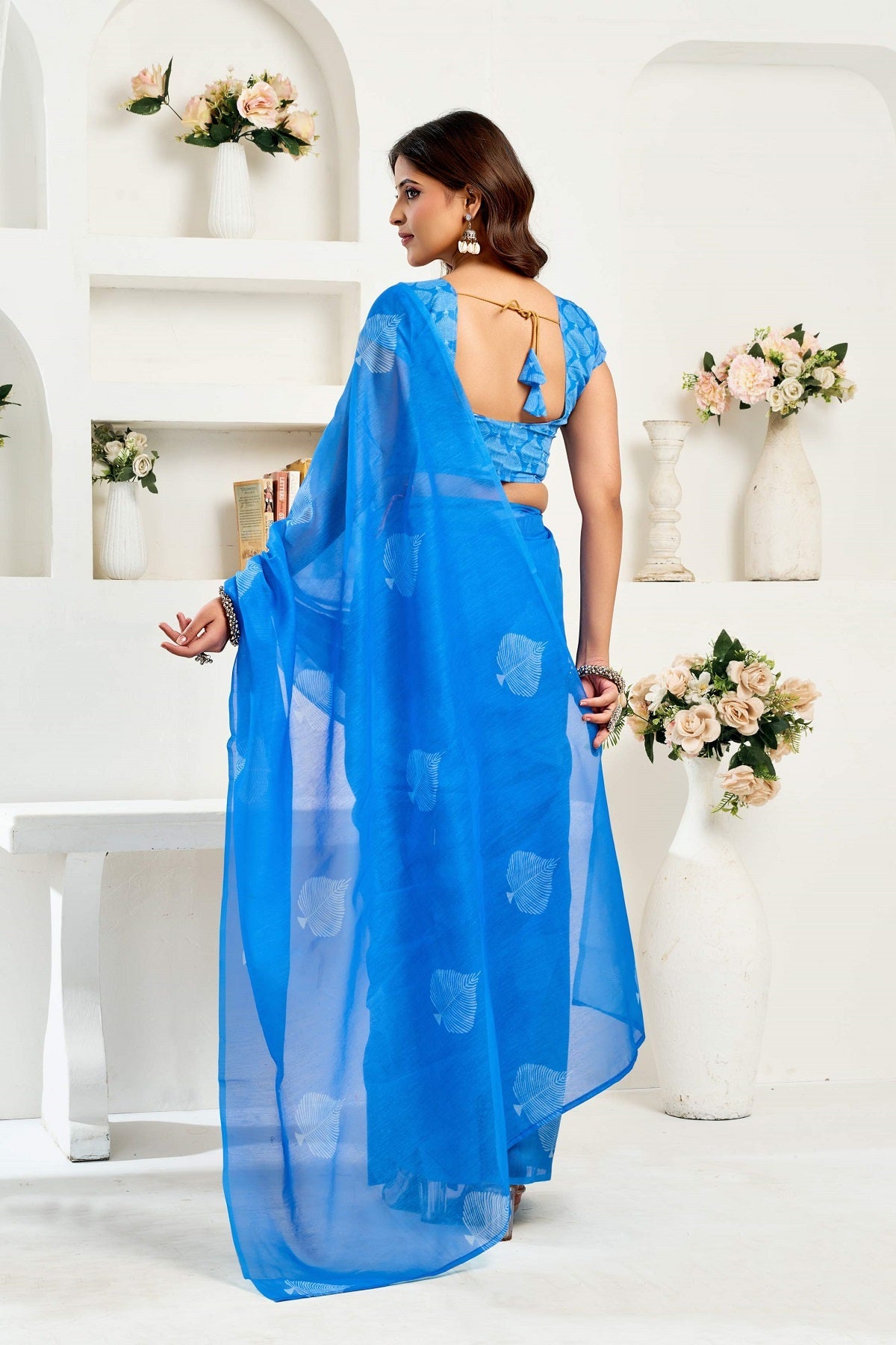 Dwija Fashion Blue Party Wear Printed Linen Ready To Wear Saree With Unstitched Blouse