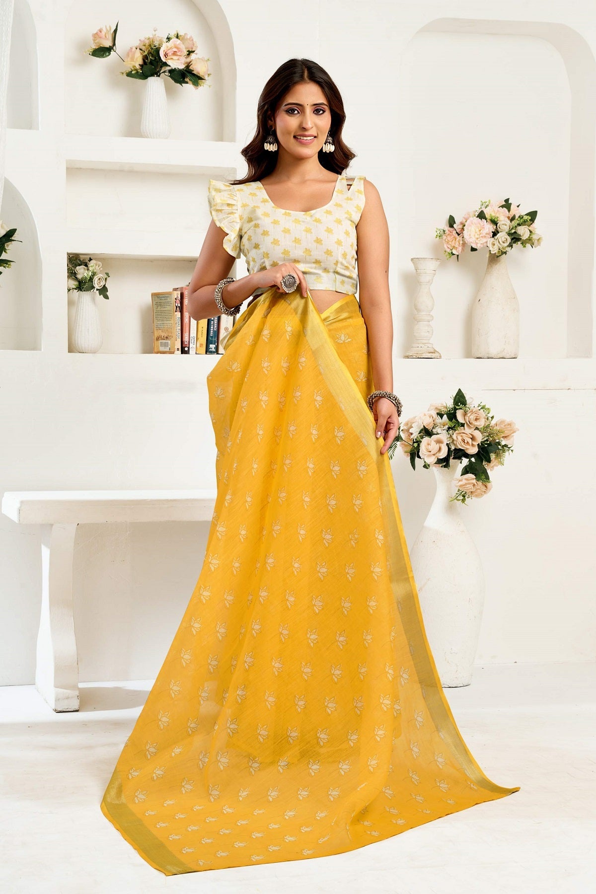 Dwija Fashion Yellow Party Wear Printed Linen Ready To Wear Saree With Unstitched Blouse