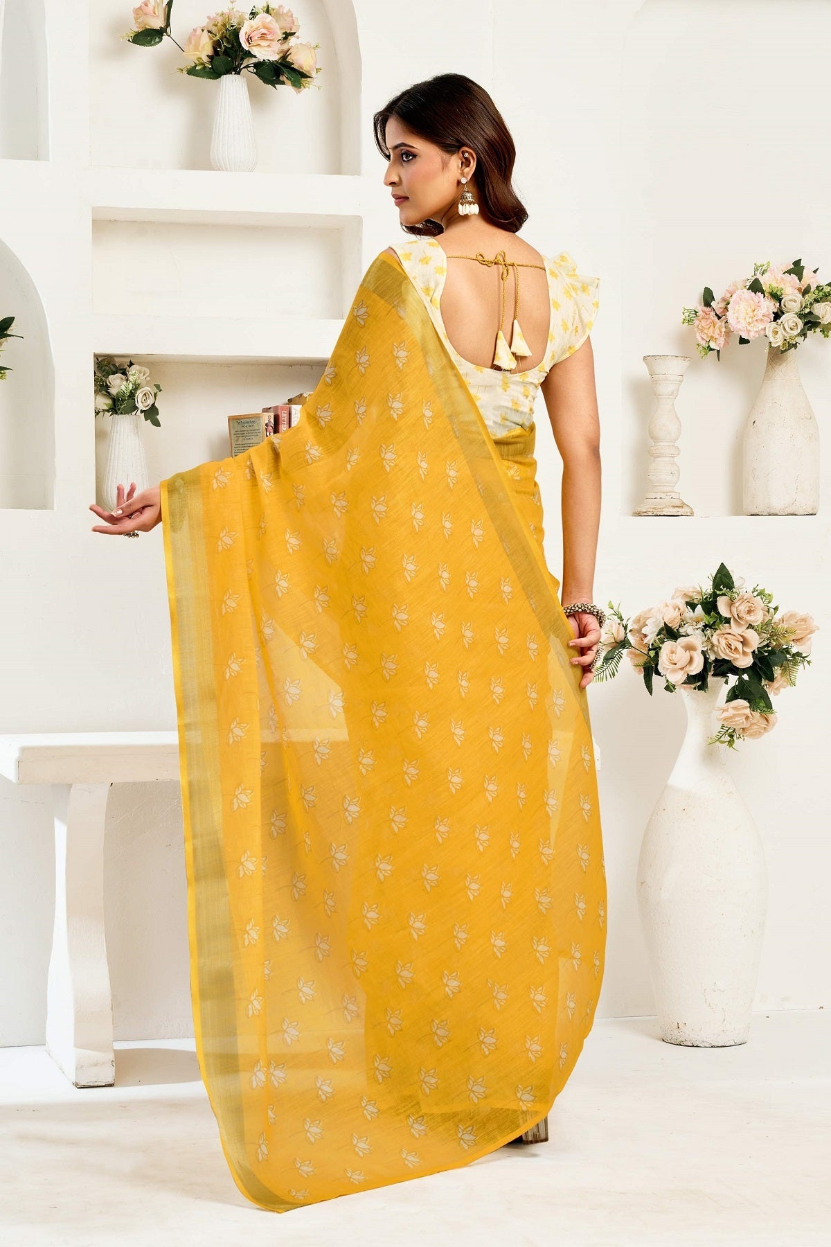 Dwija Fashion Yellow Party Wear Printed Linen Ready To Wear Saree With Unstitched Blouse