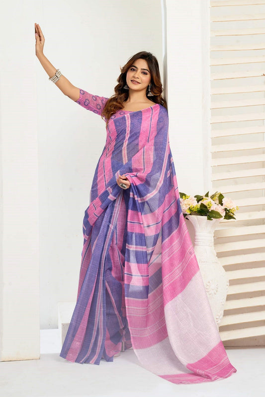 Dwija Fashion Pink Party Wear Printed Linen Ready To Wear Saree With Unstitched Blouse