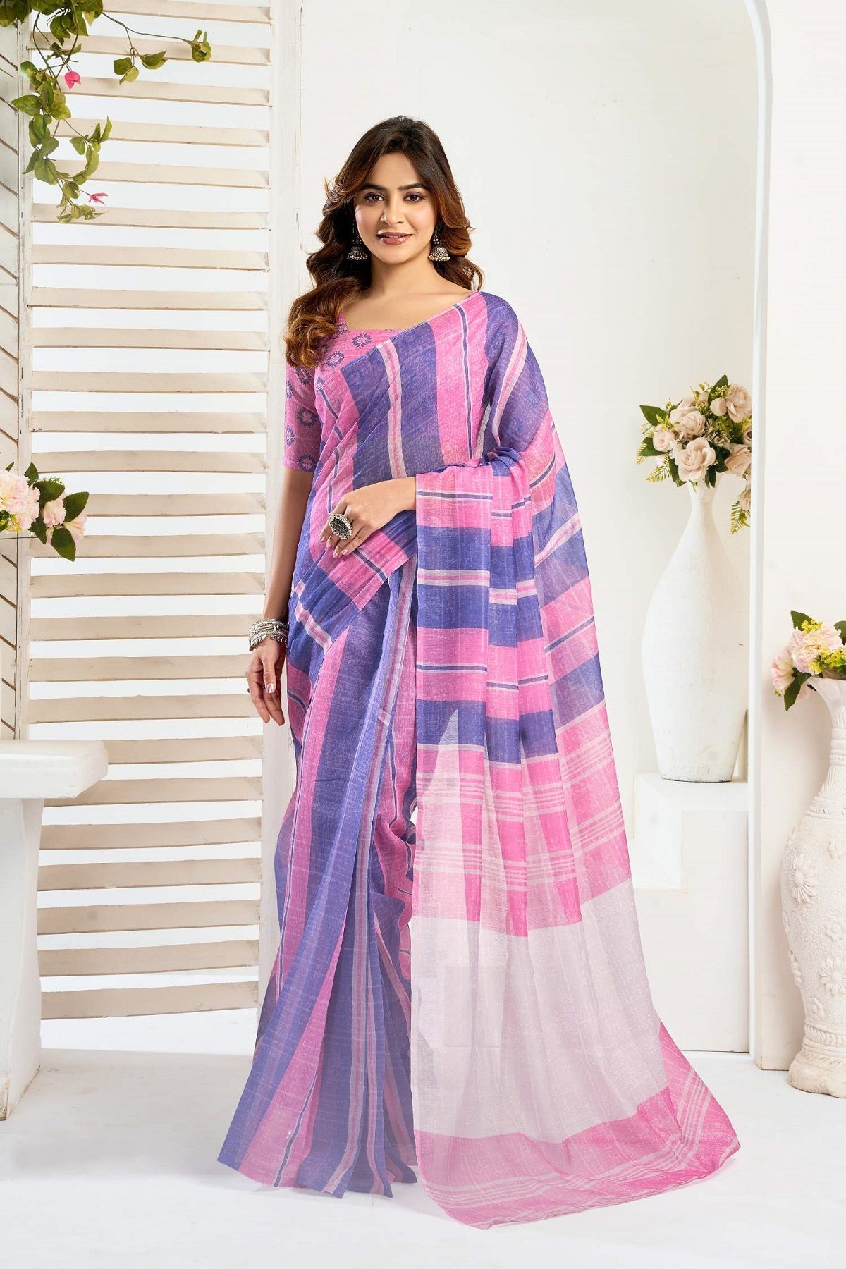 Dwija Fashion Pink Party Wear Printed Linen Ready To Wear Saree With Unstitched Blouse