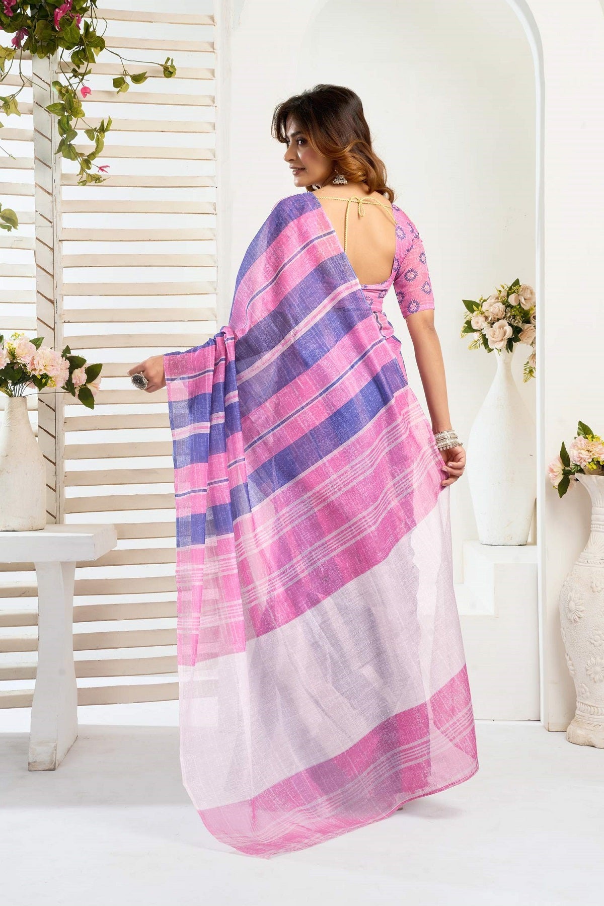 Dwija Fashion Pink Party Wear Printed Linen Ready To Wear Saree With Unstitched Blouse