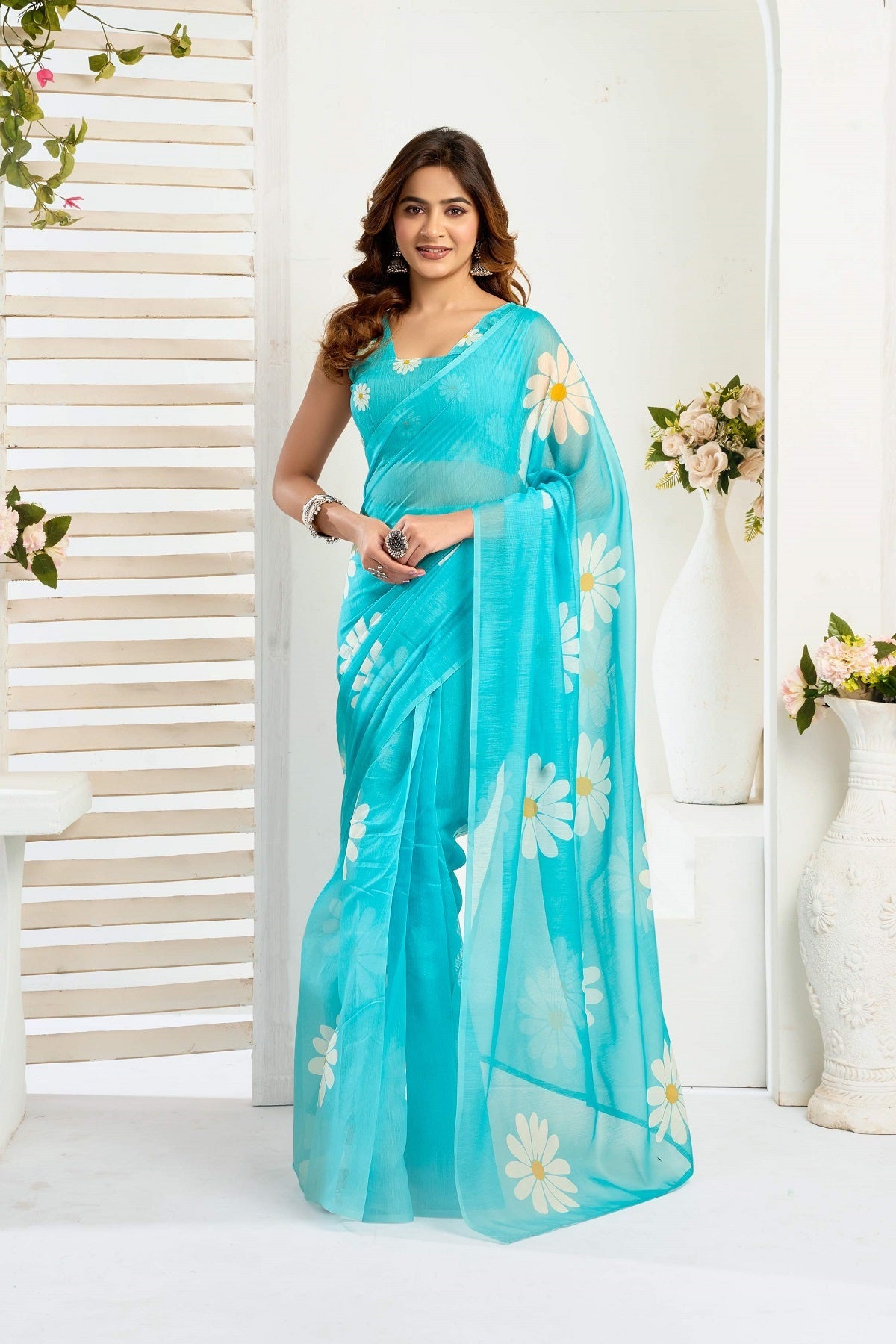 Dwija Fashion Turquoise Blue Party Wear Printed Linen Ready To Wear Saree With Unstitched Blouse