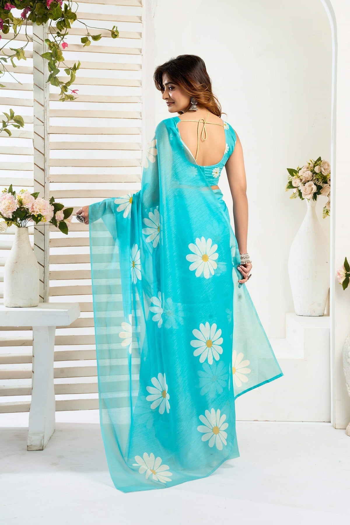 Dwija Fashion Turquoise Blue Party Wear Printed Linen Ready To Wear Saree With Unstitched Blouse