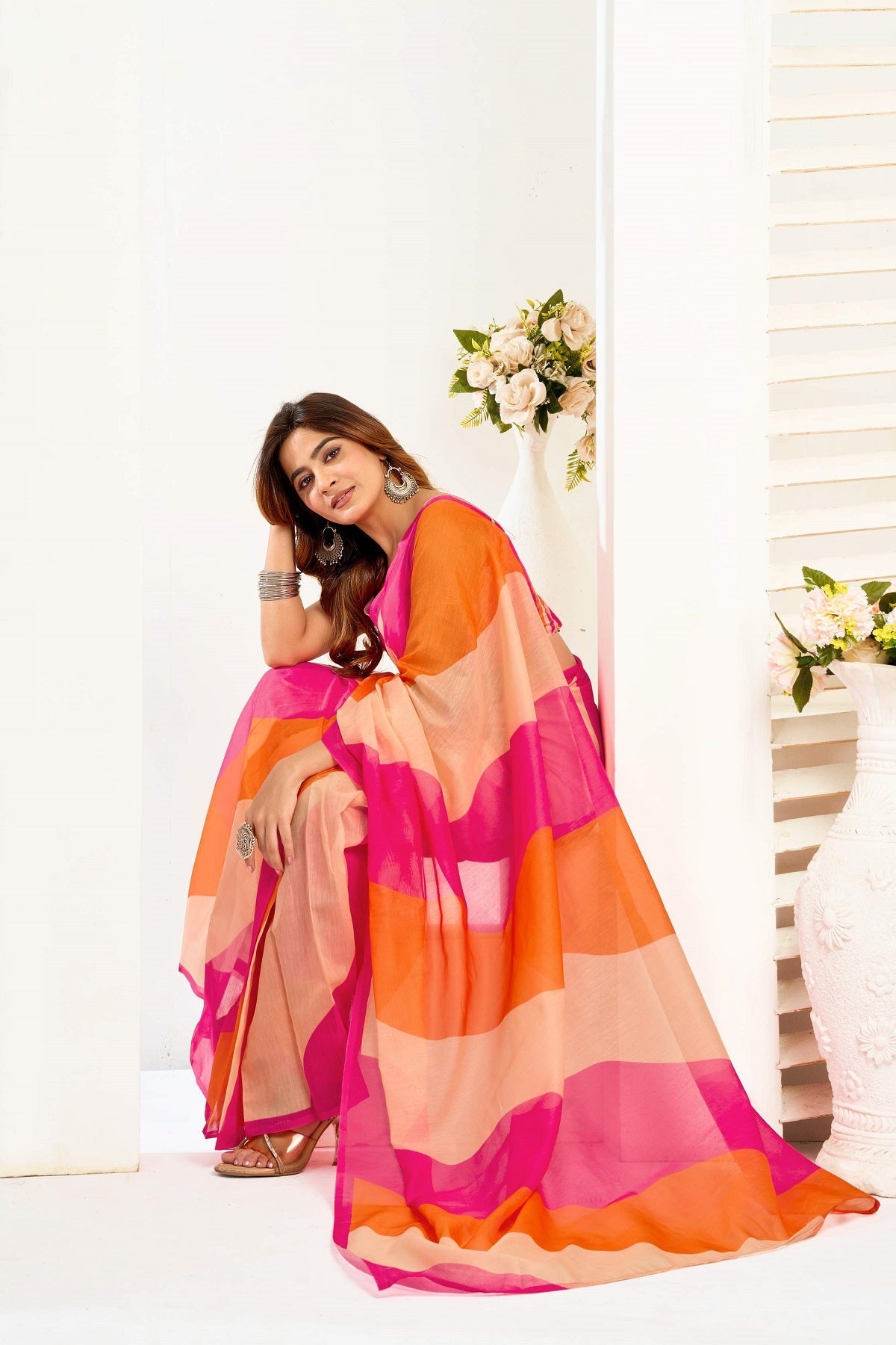 Dwija Fashion Multicolor Party Wear Printed Linen Ready To Wear Saree With Unstitched Blouse