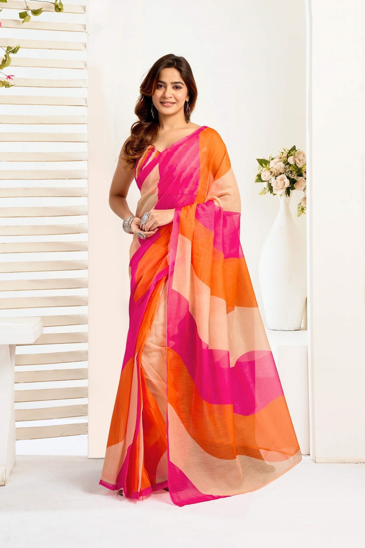 Dwija Fashion Multicolor Party Wear Printed Linen Ready To Wear Saree With Unstitched Blouse