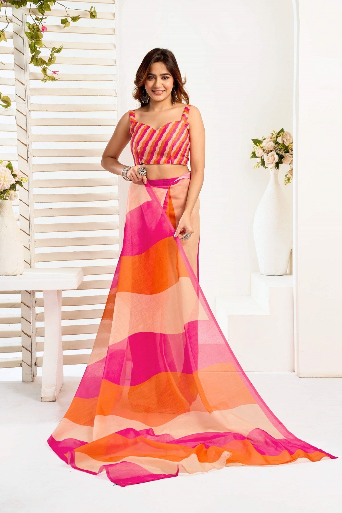 Dwija Fashion Multicolor Party Wear Printed Linen Ready To Wear Saree With Unstitched Blouse
