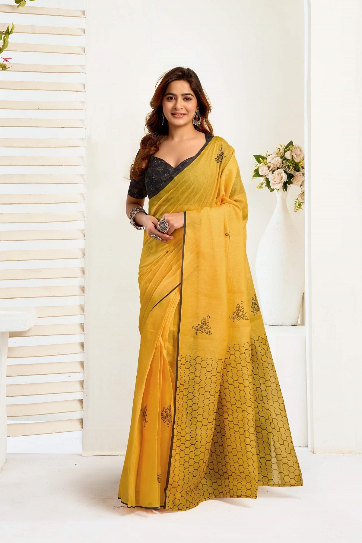 Dwija Fashion Yellow Party Wear Printed Linen Ready To Wear Saree With Unstitched Blouse