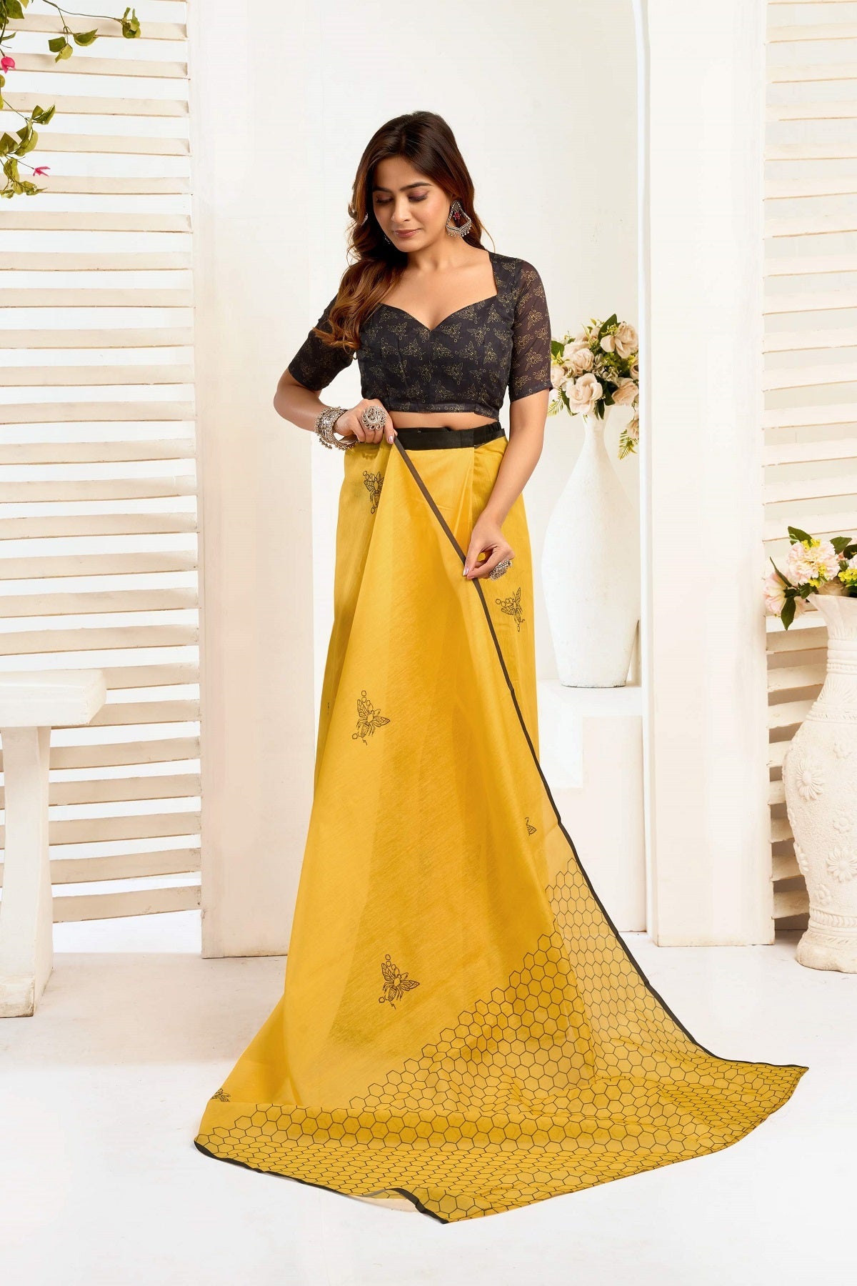 Dwija Fashion Yellow Party Wear Printed Linen Ready To Wear Saree With Unstitched Blouse