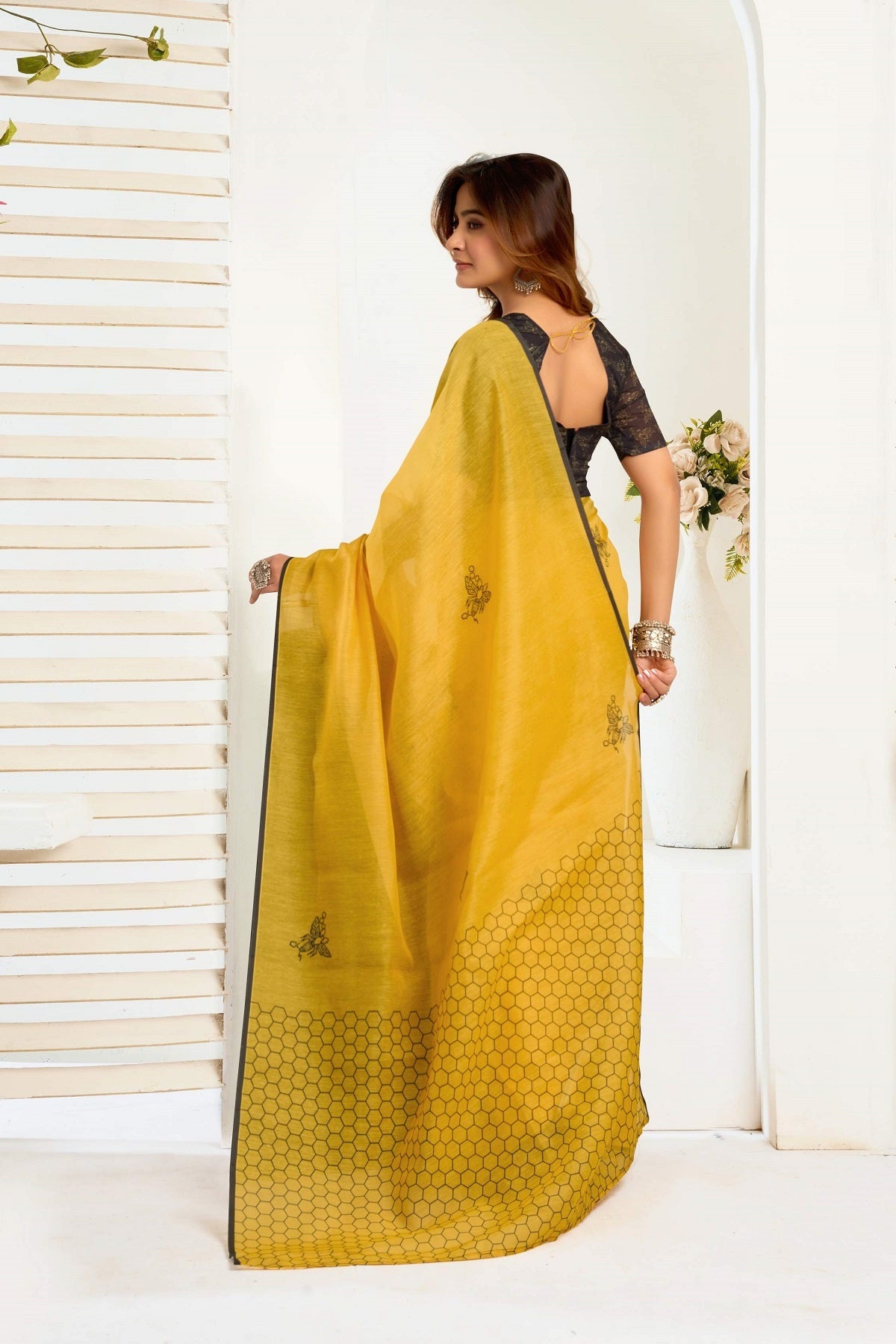 Dwija Fashion Yellow Party Wear Printed Linen Ready To Wear Saree With Unstitched Blouse