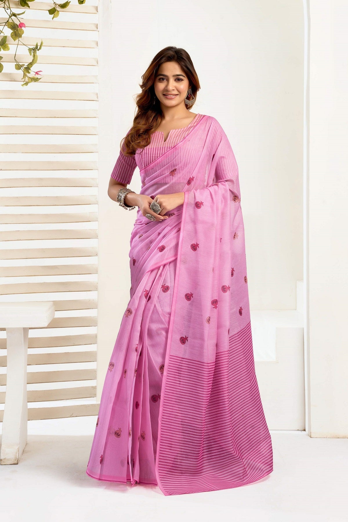 Dwija Fashion Pink Party Wear Printed Linen Ready To Wear Saree With Unstitched Blouse