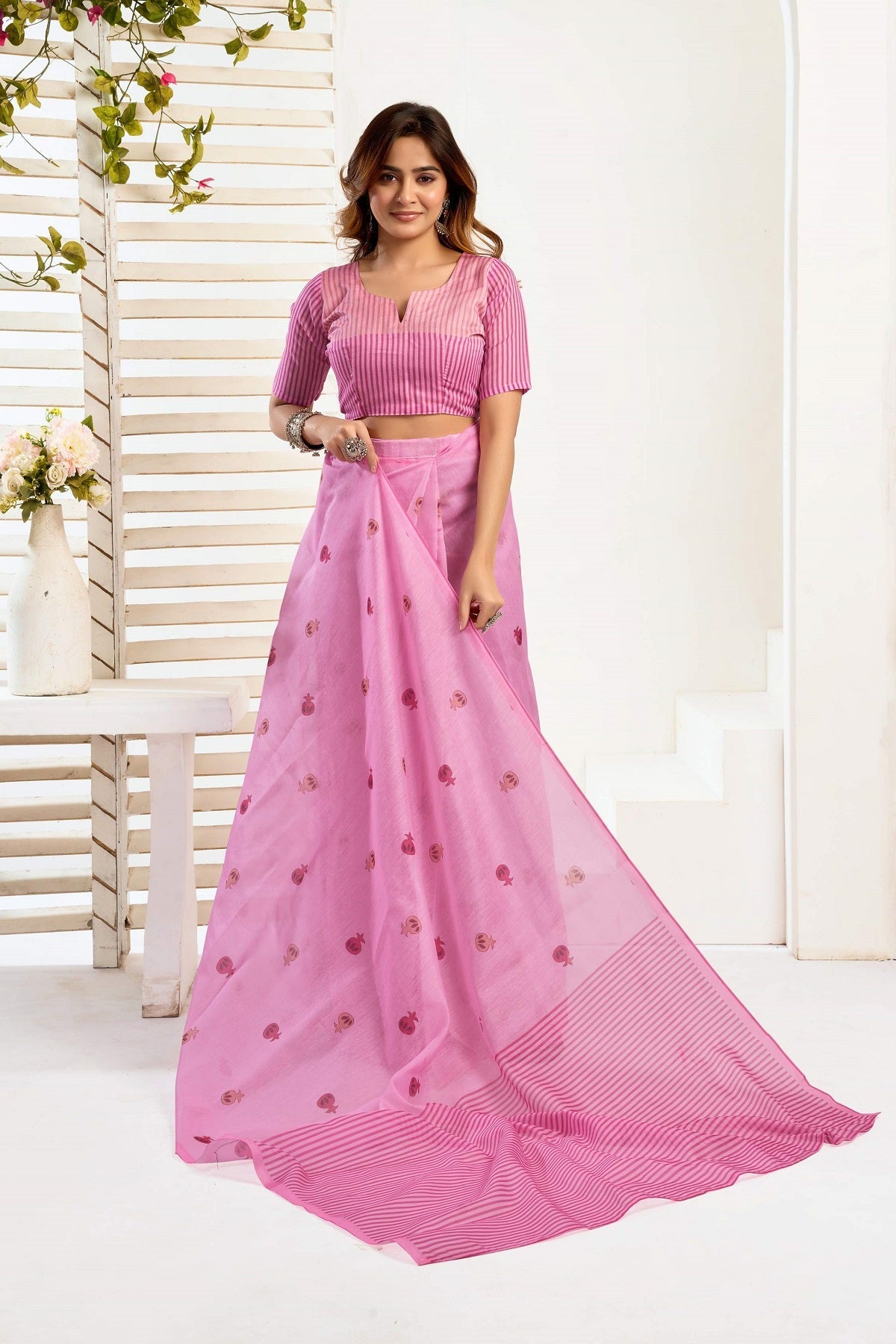 Dwija Fashion Pink Party Wear Printed Linen Ready To Wear Saree With Unstitched Blouse