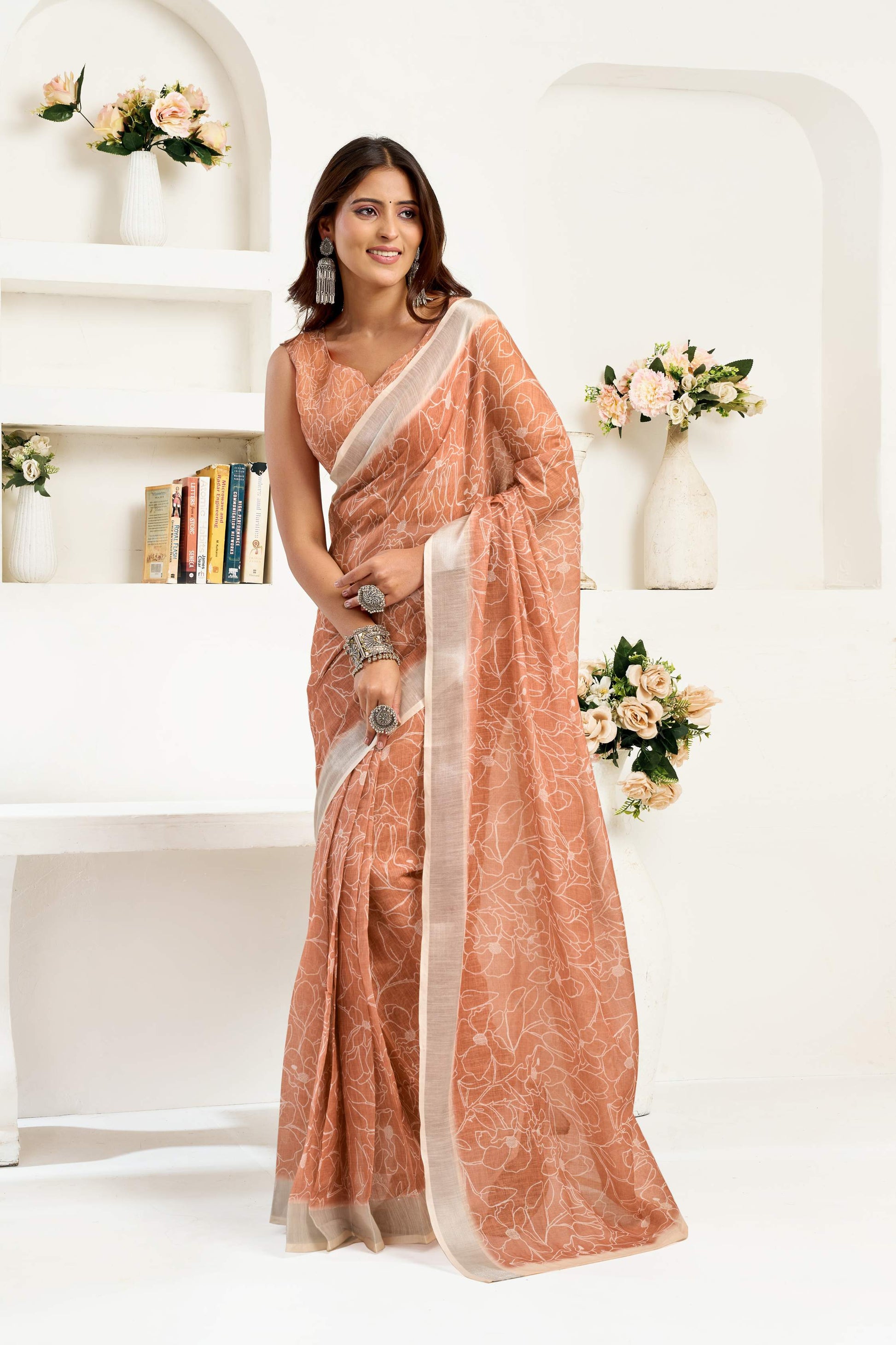 Dwija Fashion Beige Party Wear Printed Linen Ready To Wear Saree With Unstitched Blouse