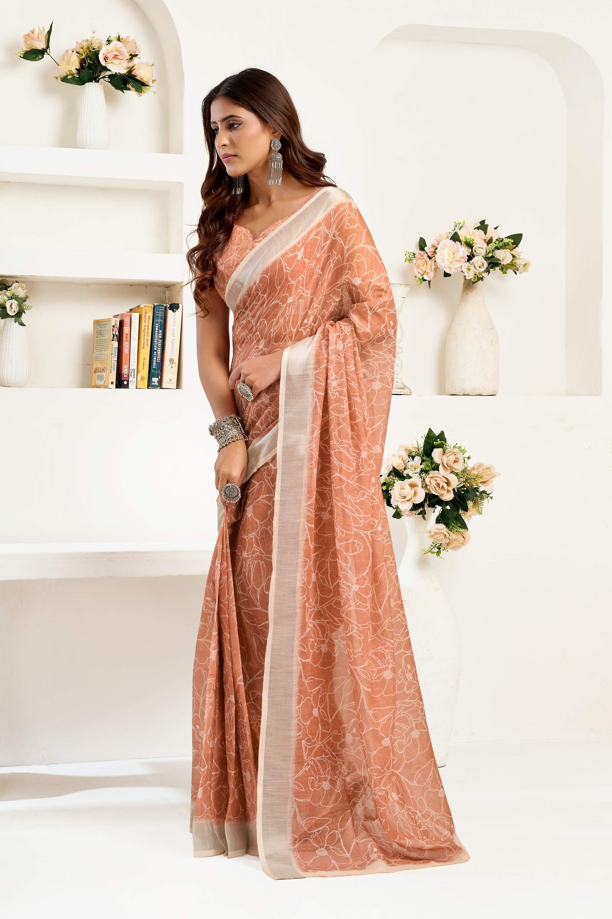 Dwija Fashion Beige Party Wear Printed Linen Ready To Wear Saree With Unstitched Blouse