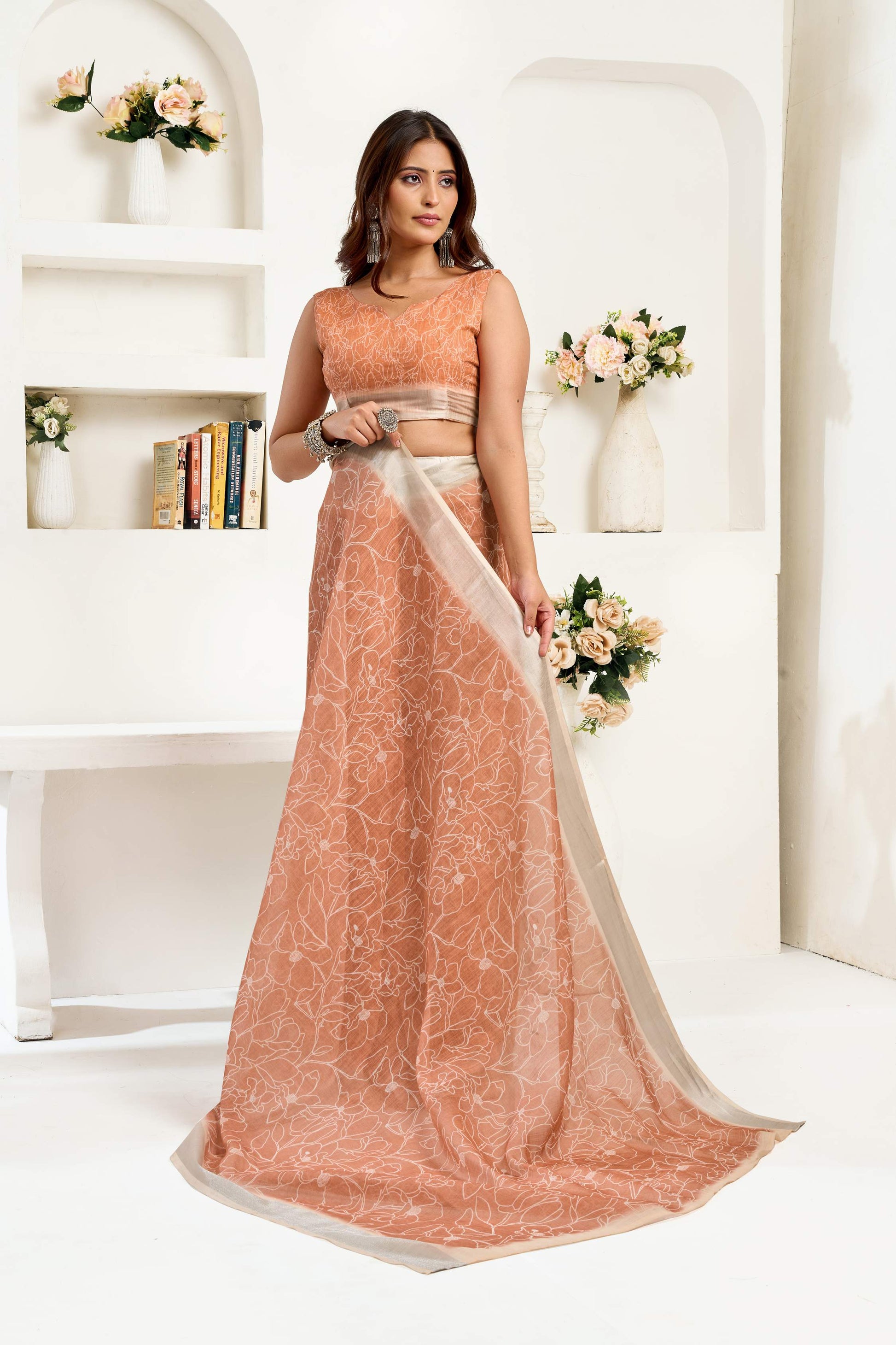Dwija Fashion Beige Party Wear Printed Linen Ready To Wear Saree With Unstitched Blouse