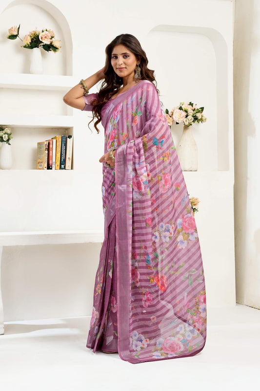 Dwija Fashion Purple Party Wear Printed Linen Ready To Wear Saree With Unstitched Blouse
