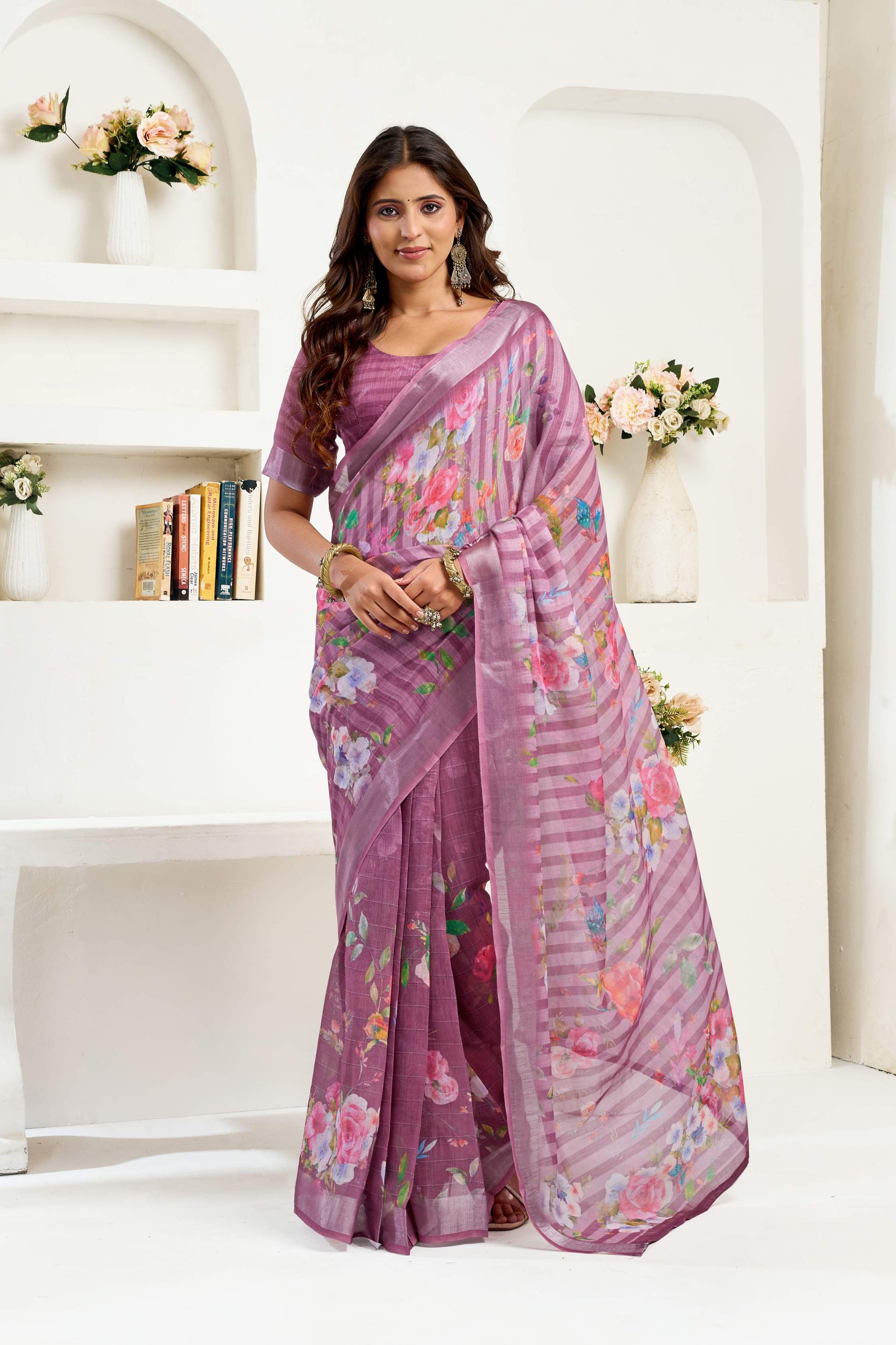 Dwija Fashion Purple Party Wear Printed Linen Ready To Wear Saree With Unstitched Blouse