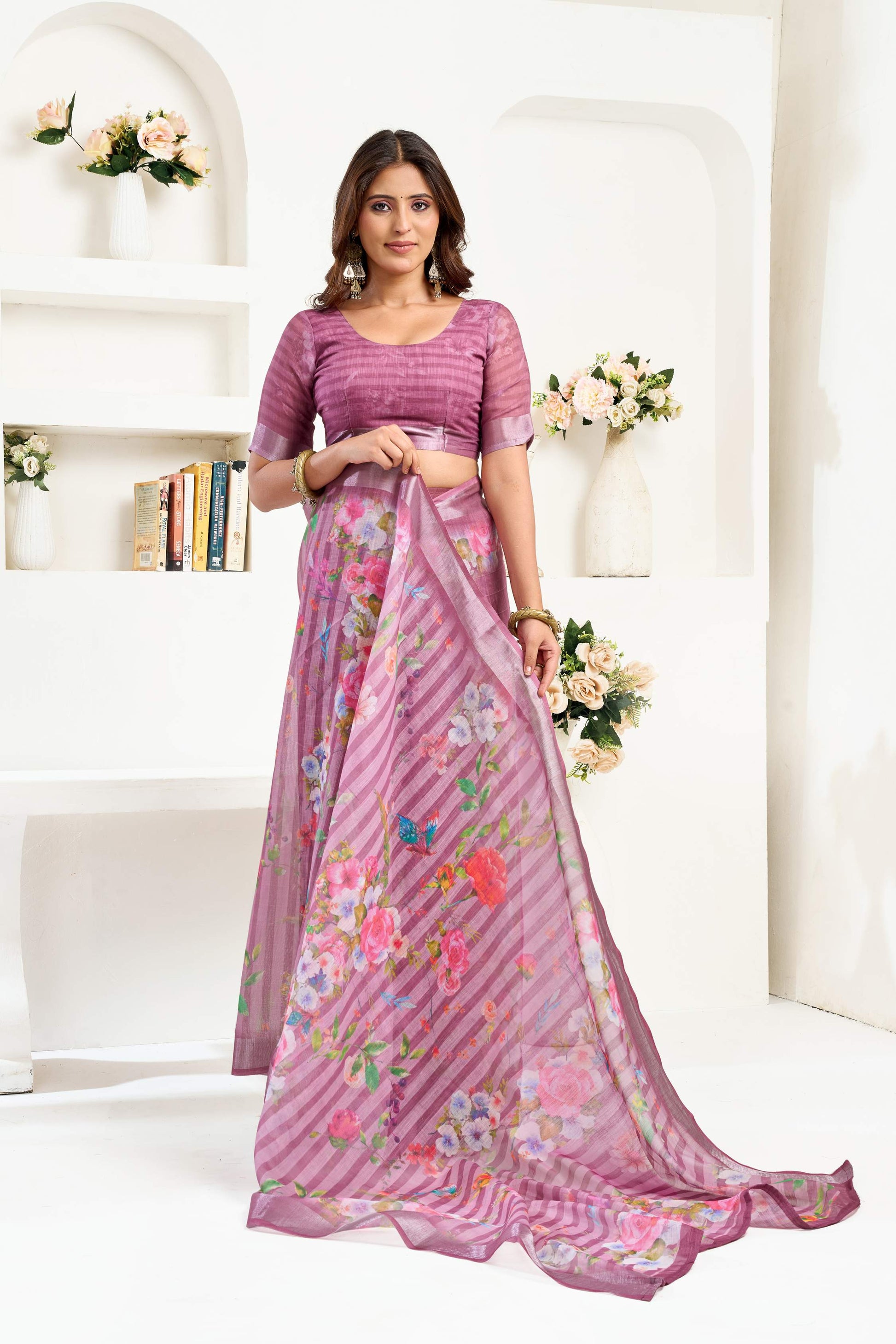 Dwija Fashion Purple Party Wear Printed Linen Ready To Wear Saree With Unstitched Blouse
