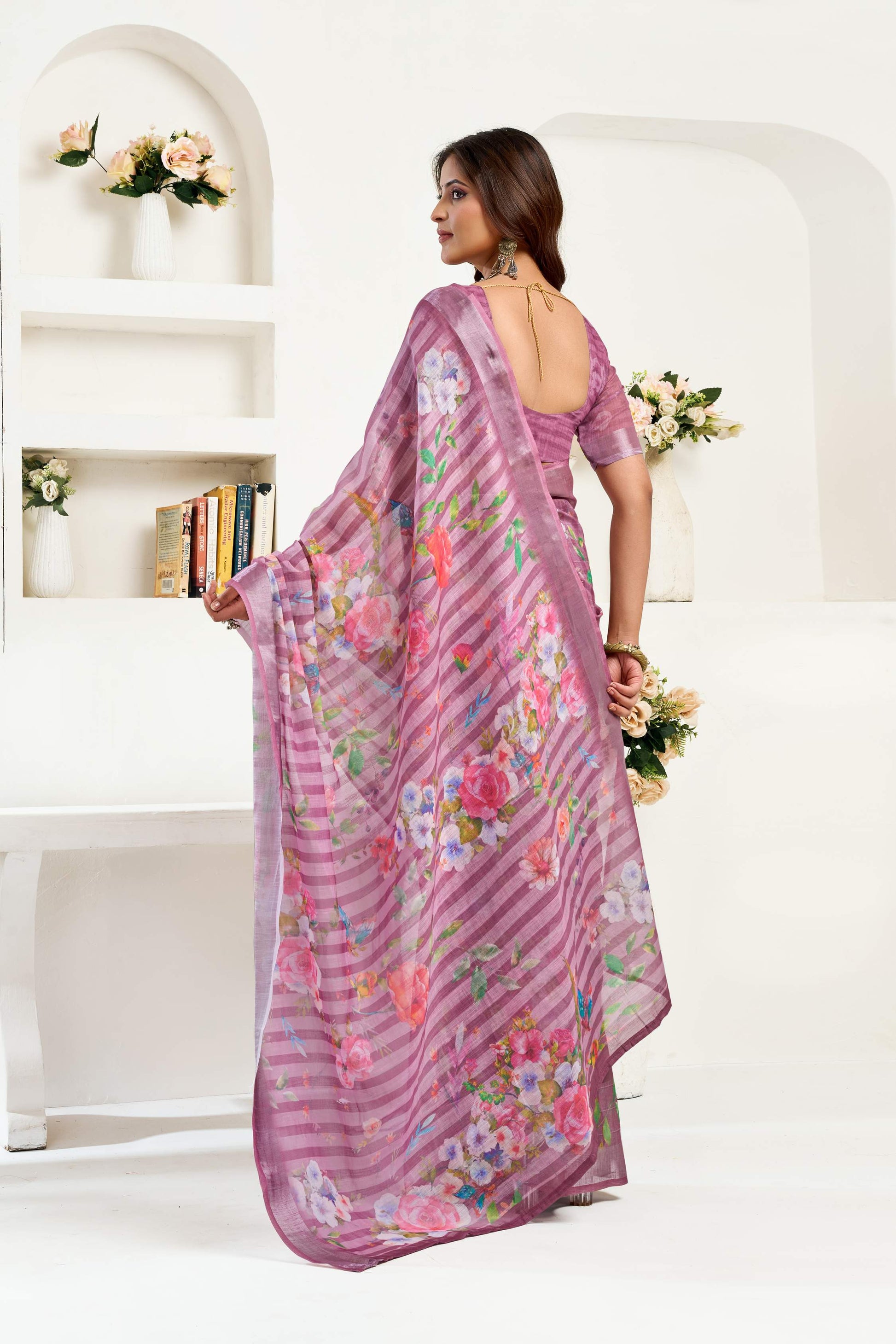 Dwija Fashion Purple Party Wear Printed Linen Ready To Wear Saree With Unstitched Blouse