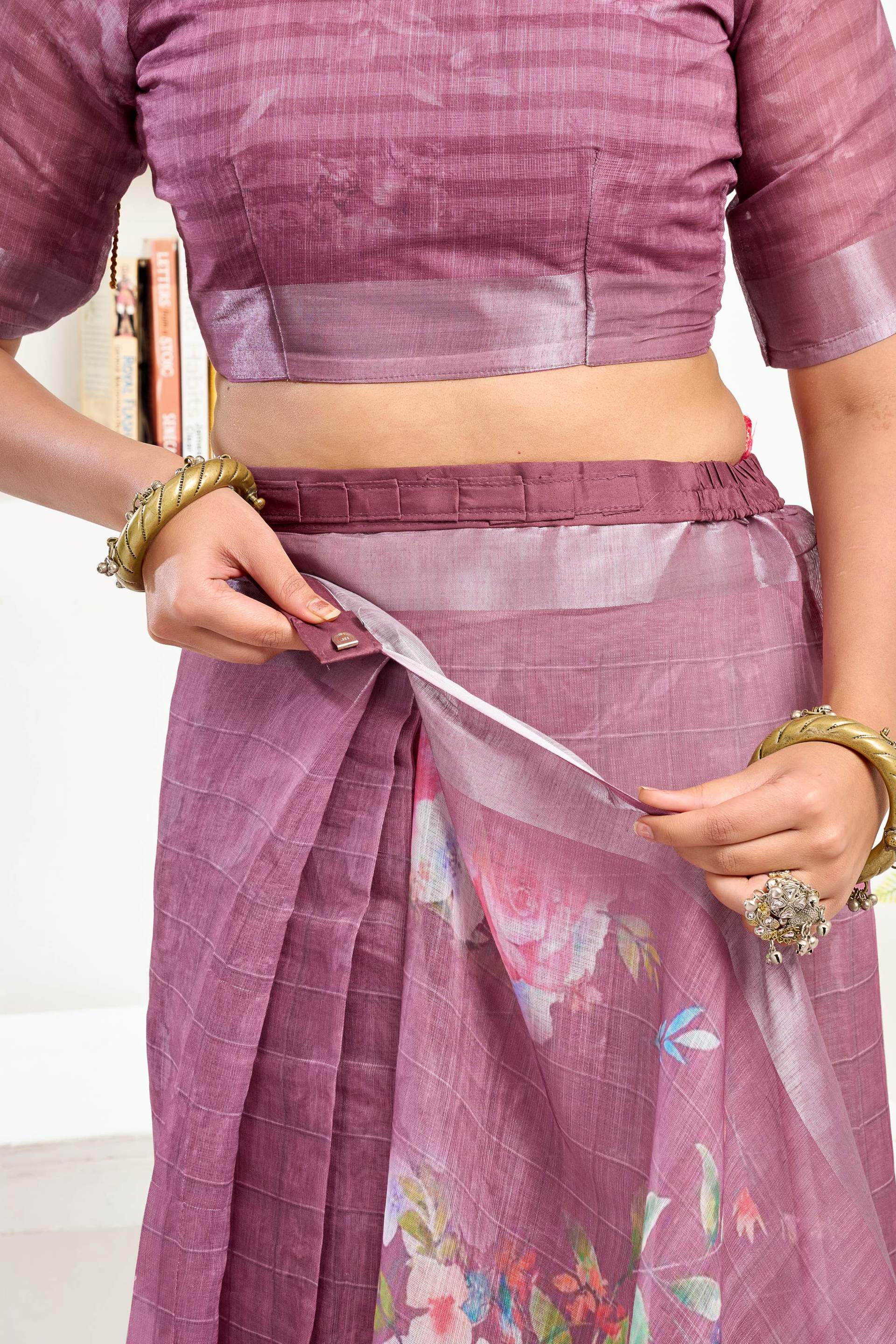 Dwija Fashion Purple Party Wear Printed Linen Ready To Wear Saree With Unstitched Blouse