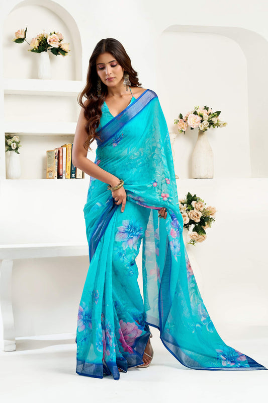 Dwija Fashion Turquoise Blue Party Wear Printed Linen Ready To Wear Saree With Unstitched Blouse