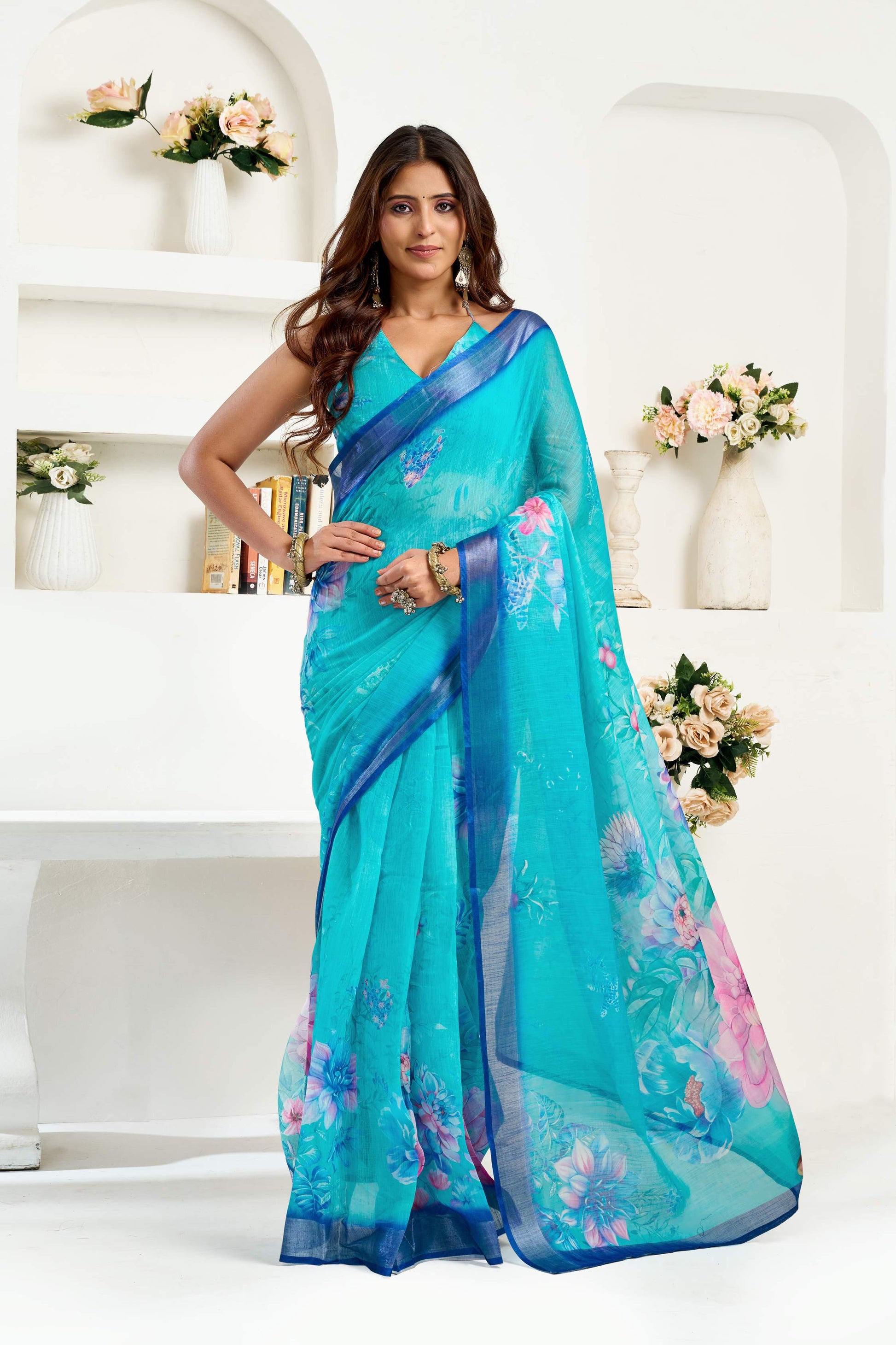 Dwija Fashion Turquoise Blue Party Wear Printed Linen Ready To Wear Saree With Unstitched Blouse