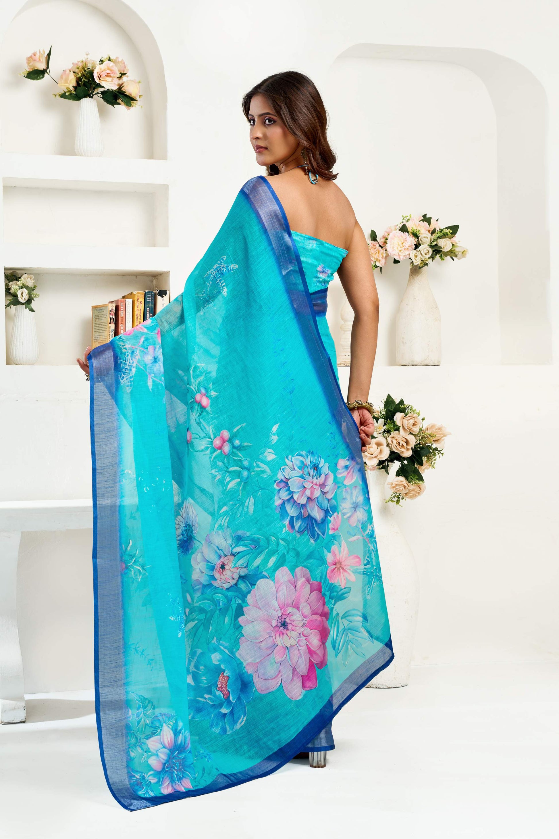 Dwija Fashion Turquoise Blue Party Wear Printed Linen Ready To Wear Saree With Unstitched Blouse