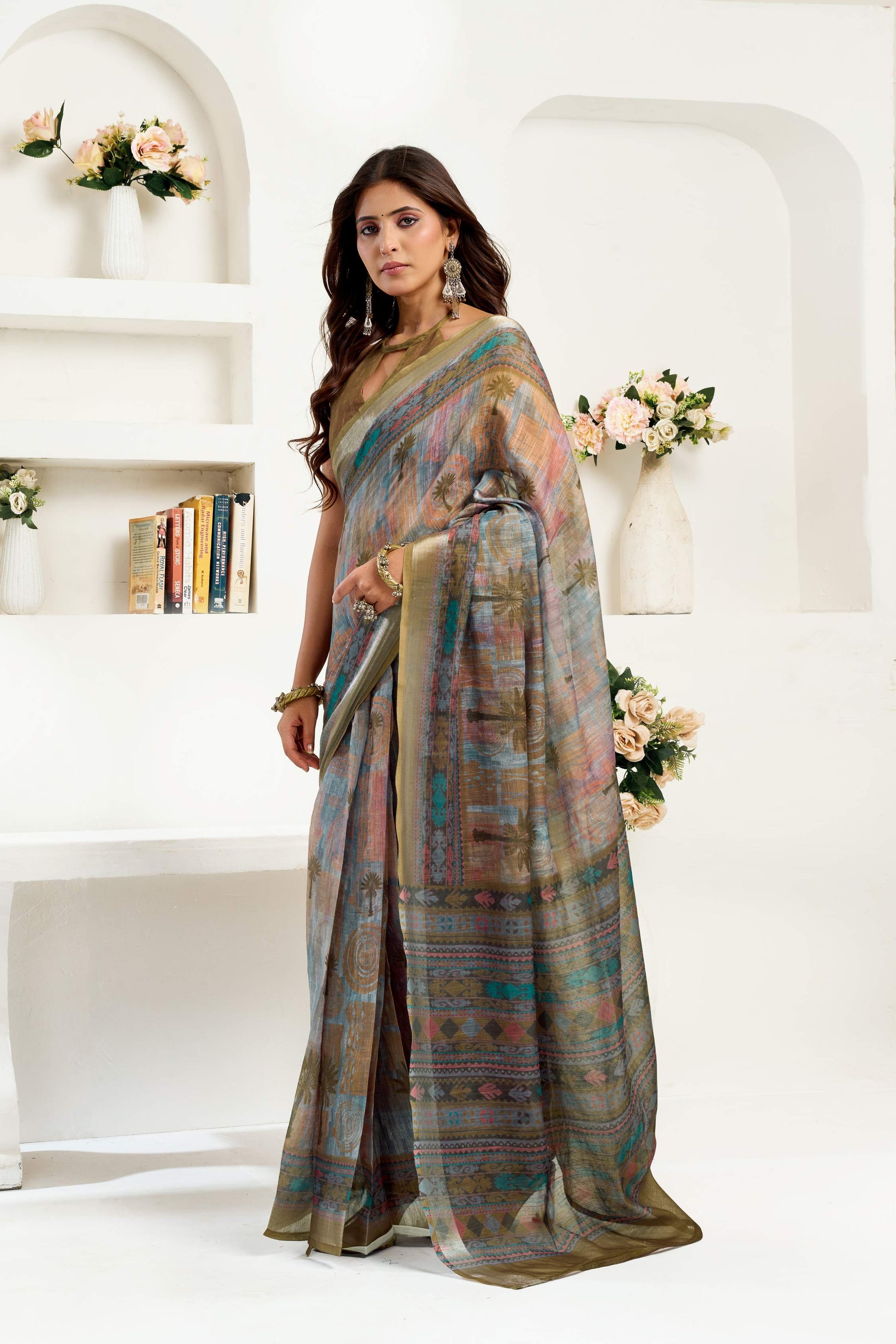 Dwija Fashion Sage Green Party Wear Printed Linen Ready To Wear Saree With Unstitched Blouse