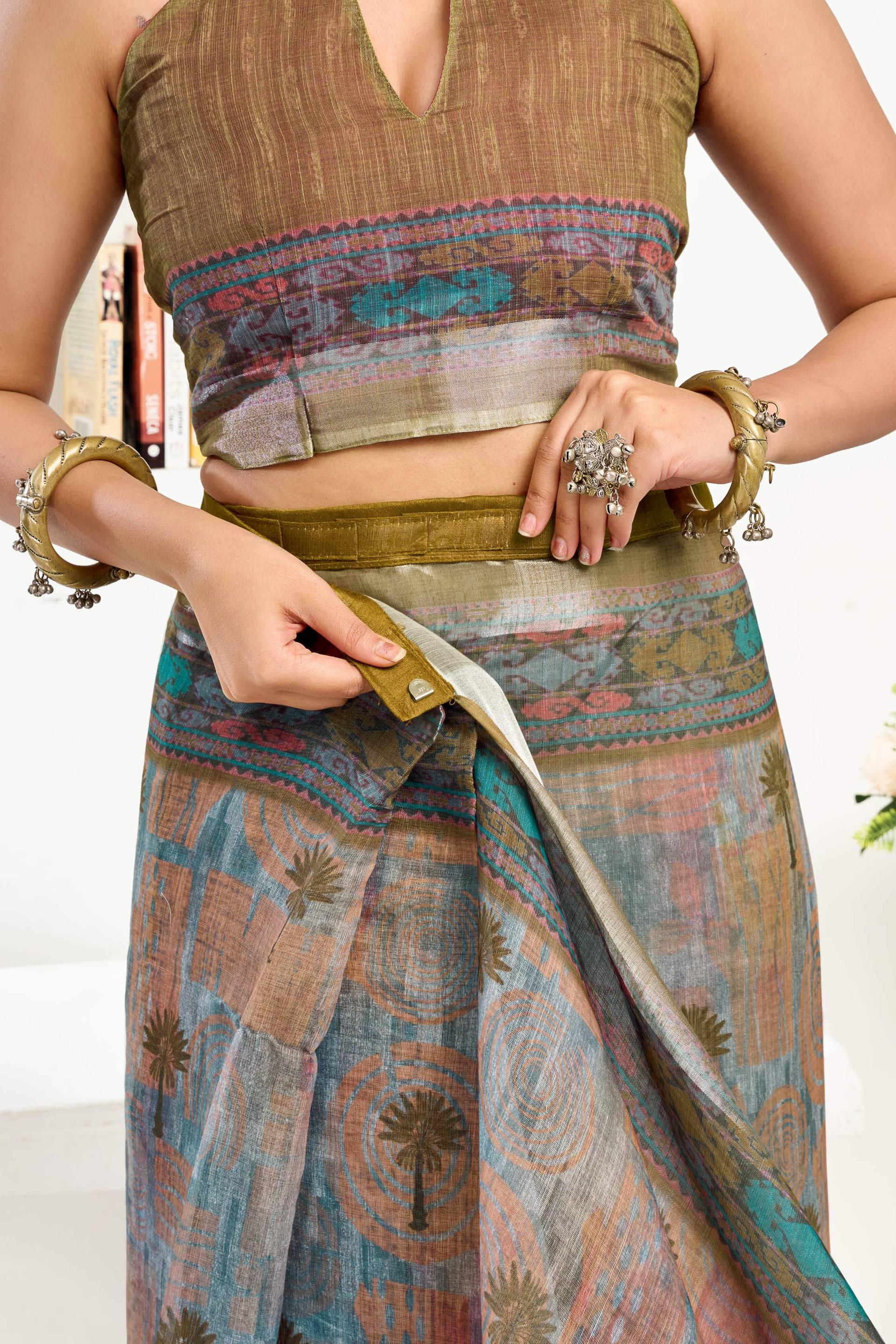 Dwija Fashion Sage Green Party Wear Printed Linen Ready To Wear Saree With Unstitched Blouse