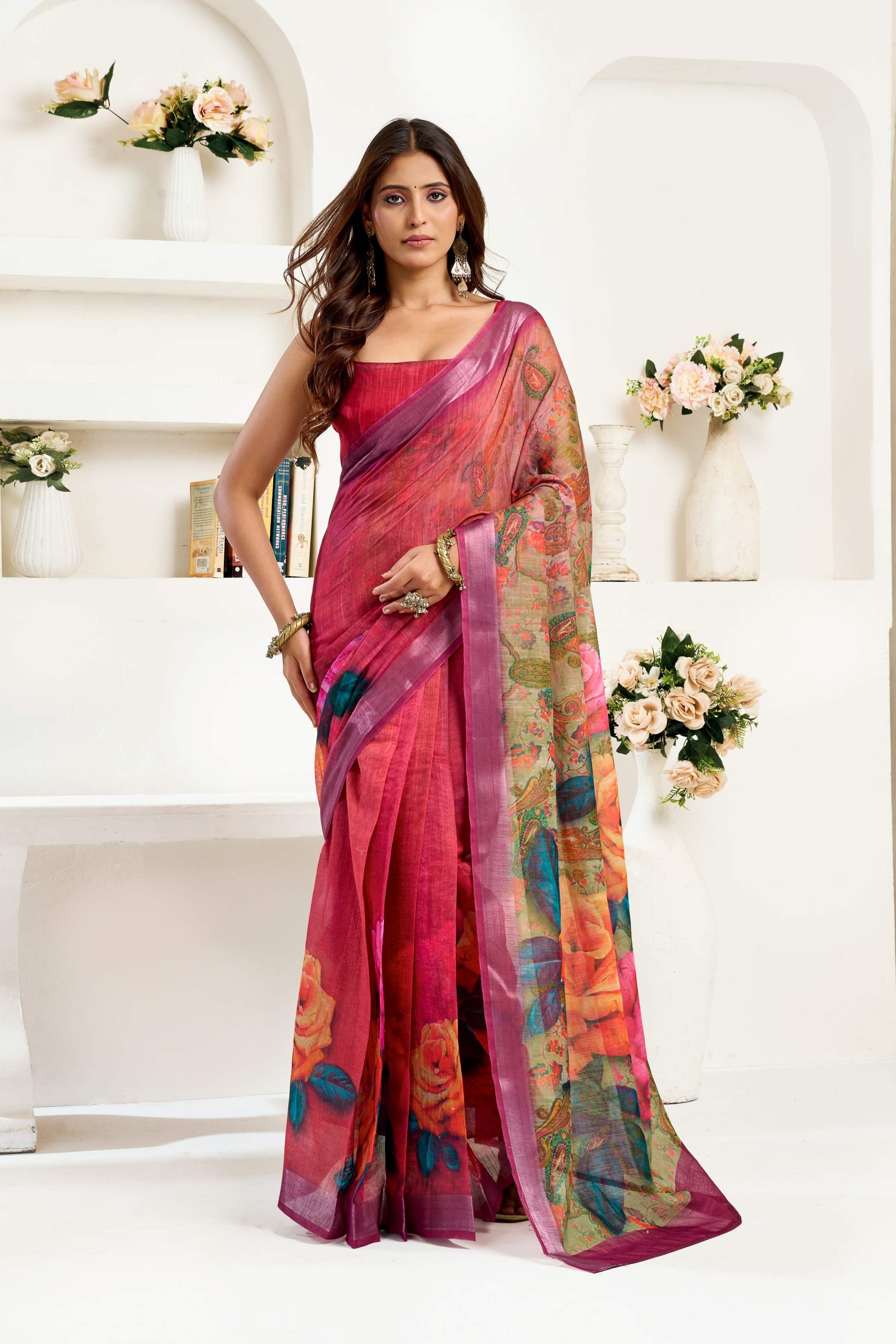 Dwija Fashion Maroon Party Wear Printed Linen Ready To Wear Saree With Unstitched Blouse